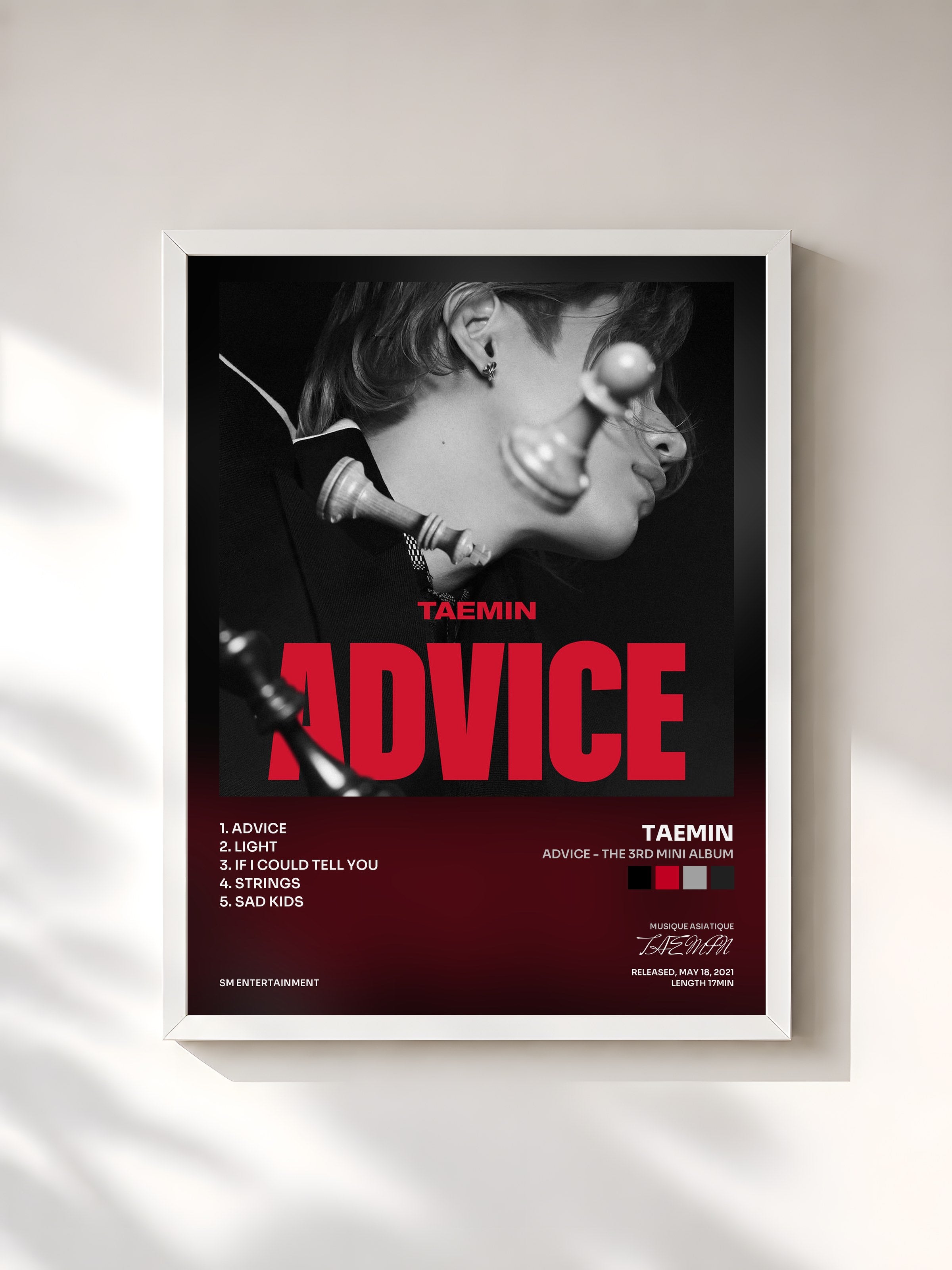 #blanc Tableau de l'album Advice - The 3rd Mini Album de TAEMIN, cadre blanc, imprimé et encadré en France