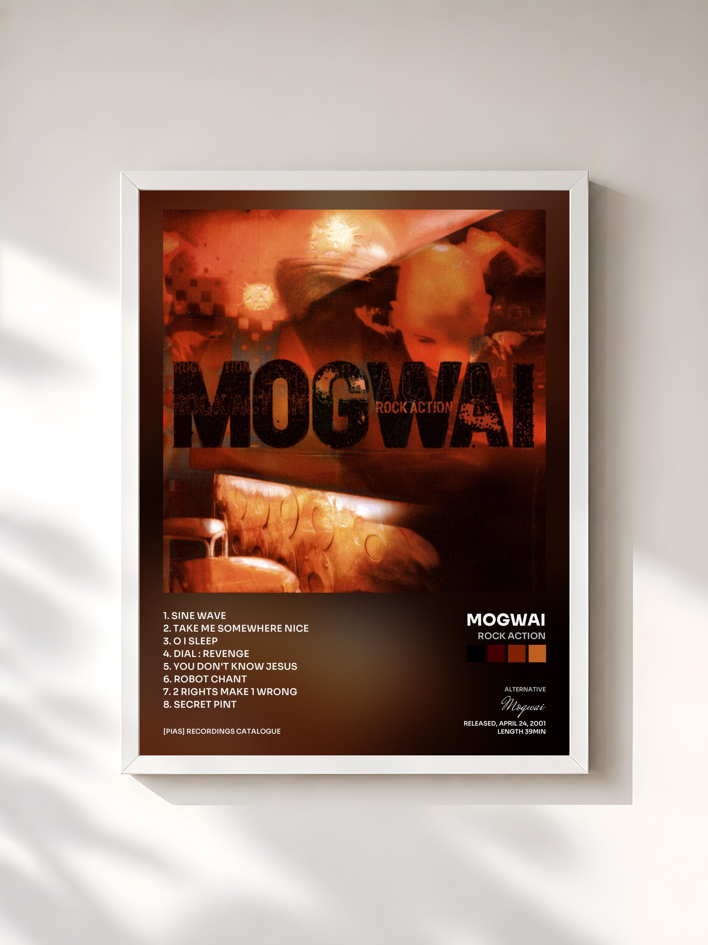 #blanc Tableau de l'album Rock Action de Mogwai, cadre blanc, imprimé et encadré en France