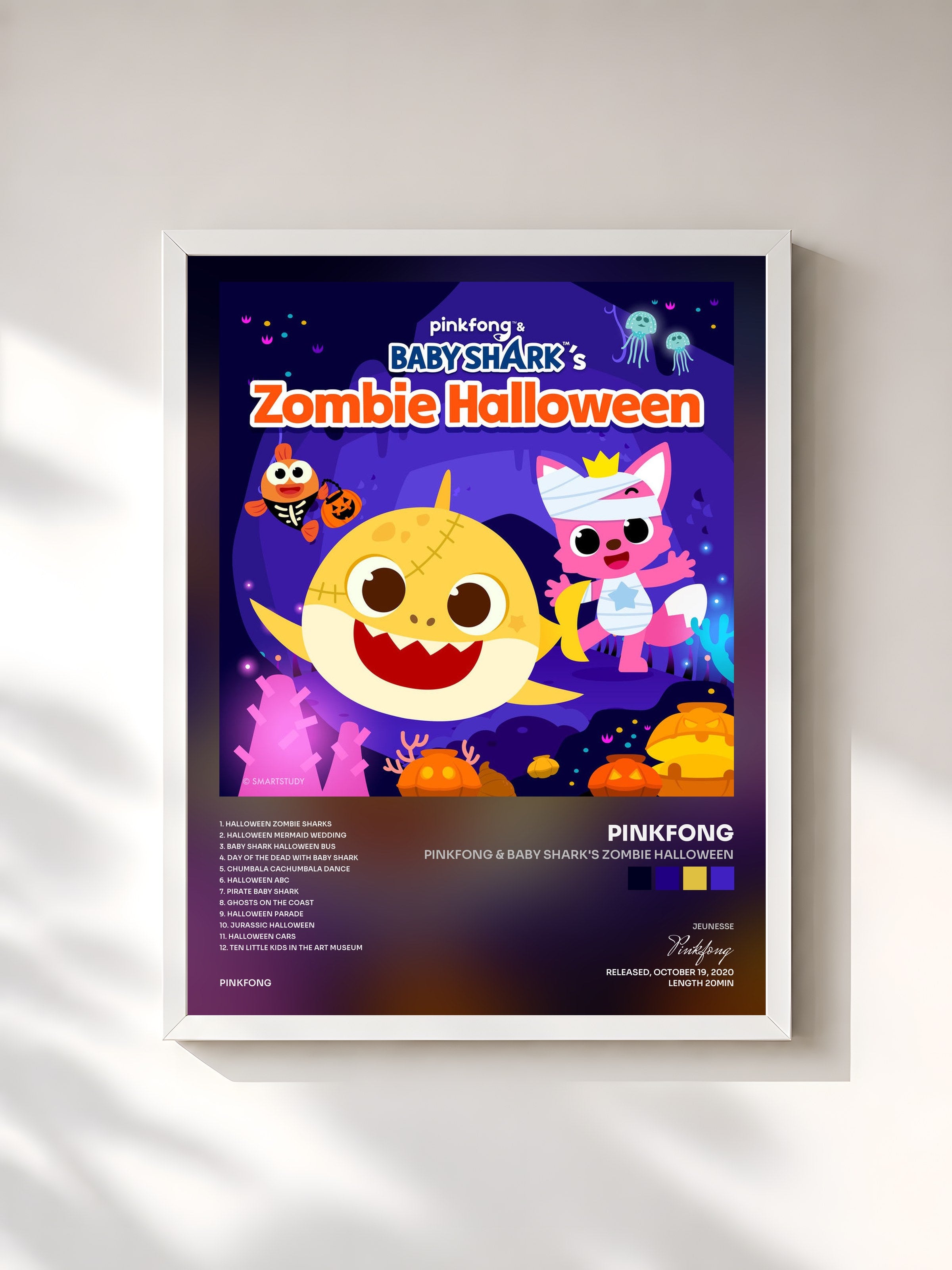 #blanc Tableau de l'album Pinkfong & Baby Shark's Zombie Halloween de Pinkfong, cadre blanc, imprimé et encadré en France