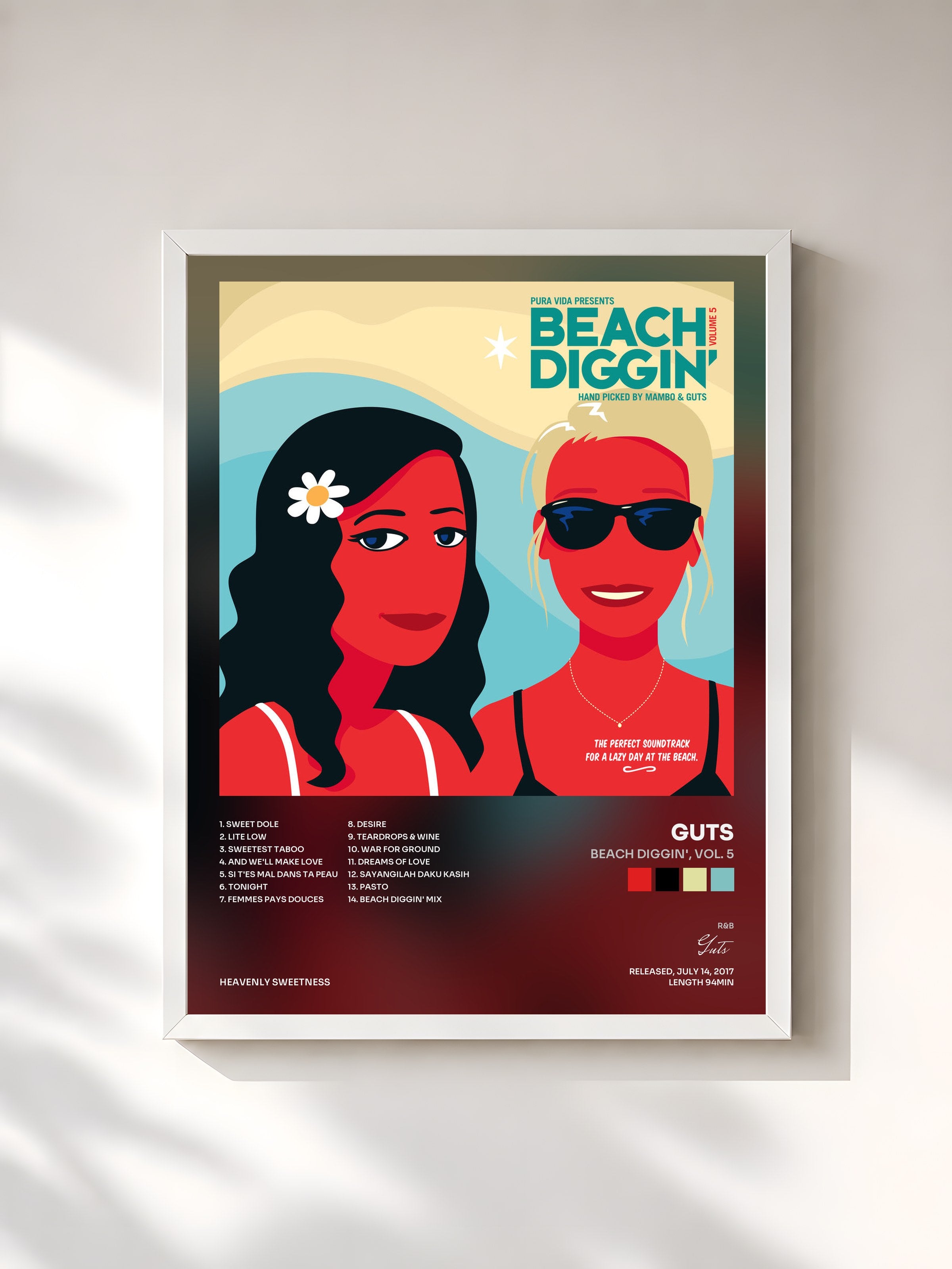 #blanc Tableau de l'album Beach Diggin', Vol. 5 de Guts, cadre blanc, imprimé et encadré en France