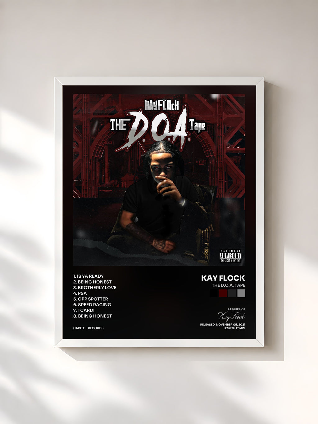 #blanc Tableau de l'album The D.O.A. Tape de Kay Flock, cadre blanc, imprimé et encadré en France