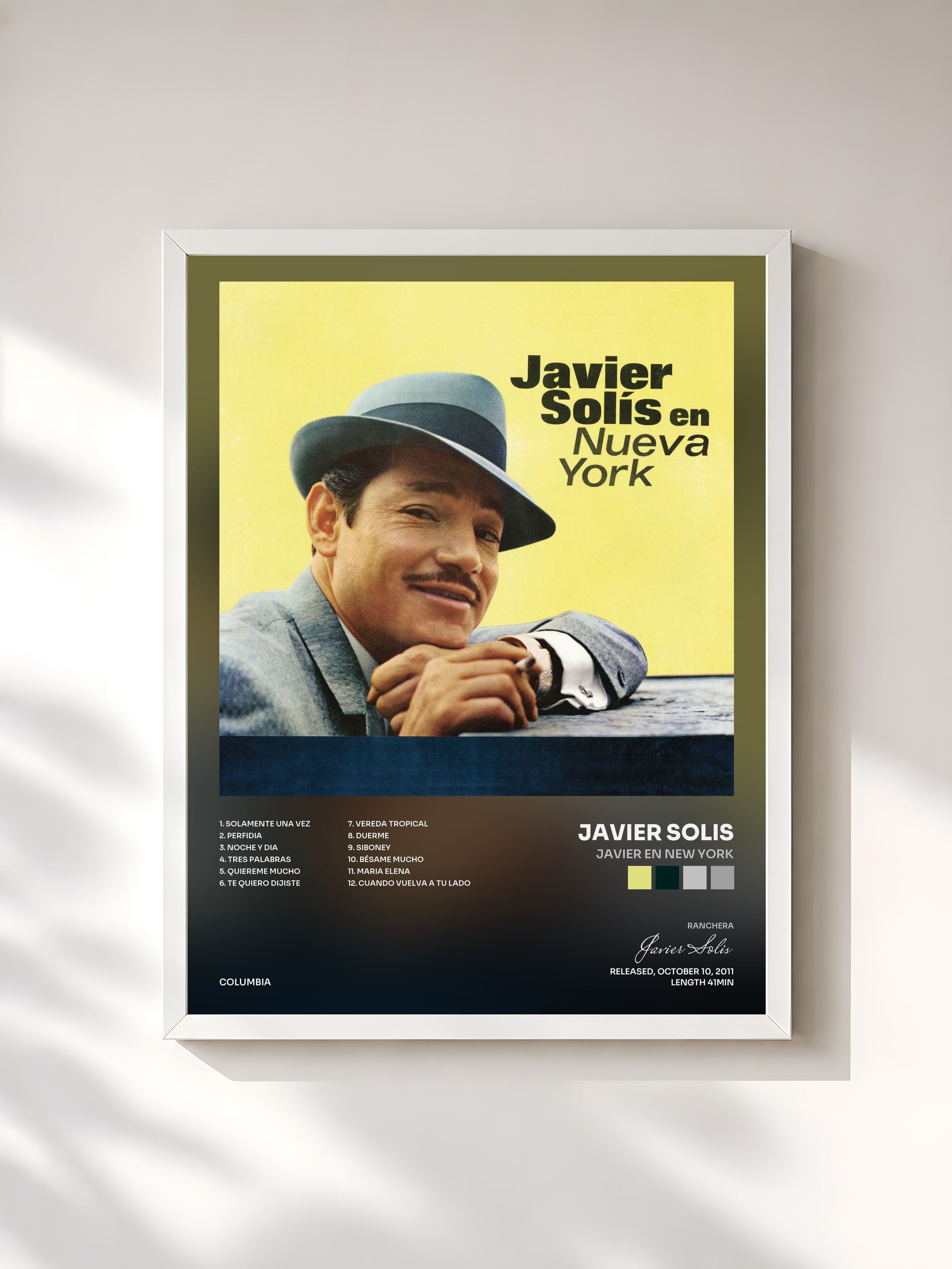 #blanc Tableau de l'album Javier En New York de Javier Solis, cadre blanc, imprimé et encadré en France
