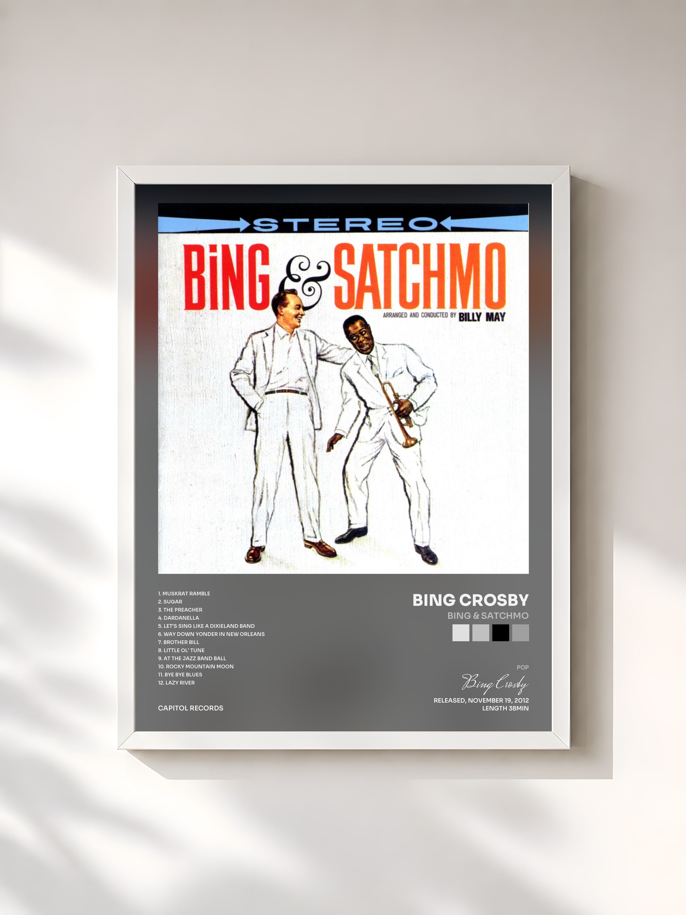 #blanc Tableau de l'album Bing & Satchmo de Bing Crosby, cadre blanc, imprimé et encadré en France