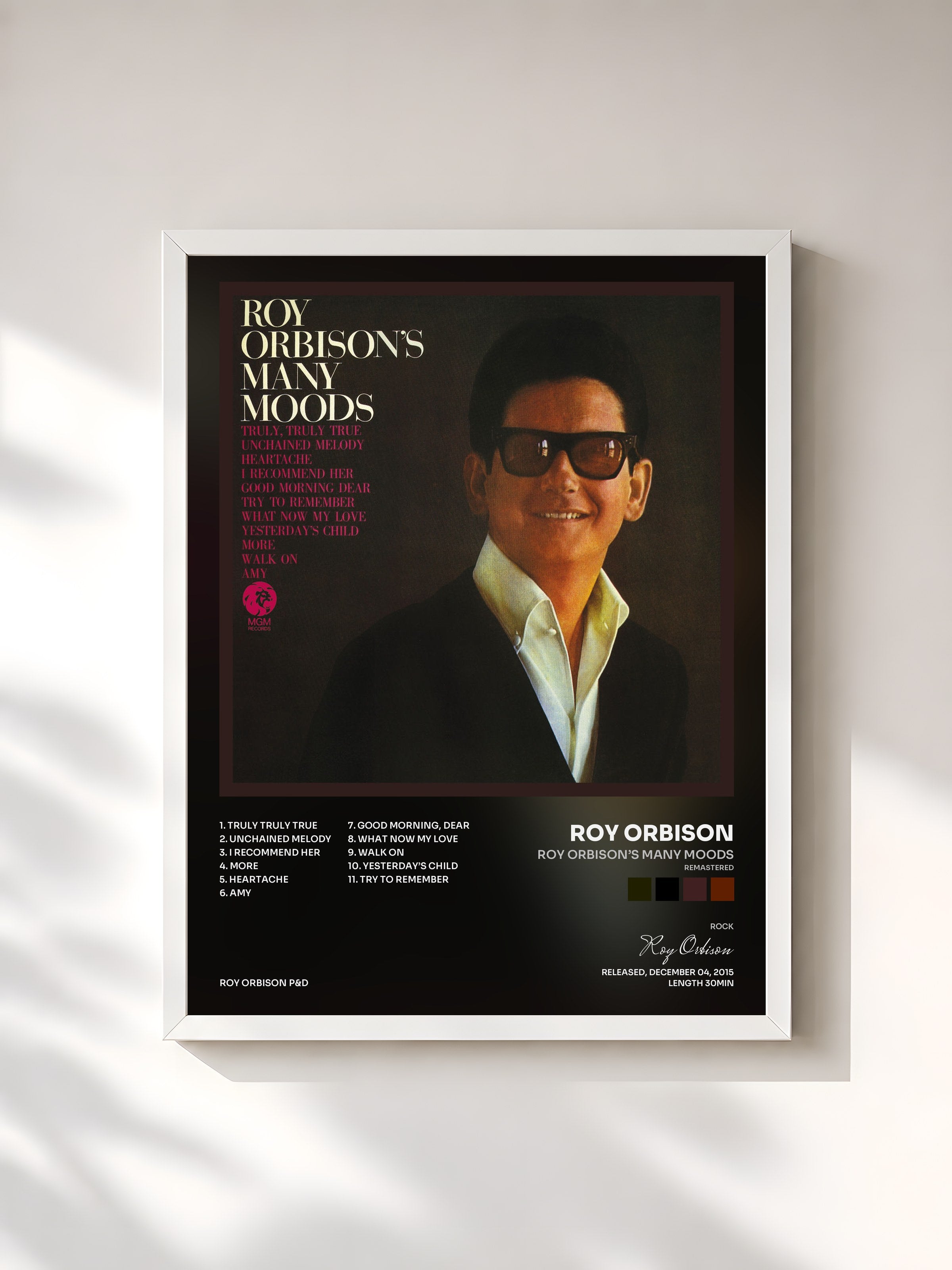 #blanc Tableau de l'album Roy Orbison’s Many Moods (Remastered) de Roy Orbison, cadre blanc, imprimé et encadré en France