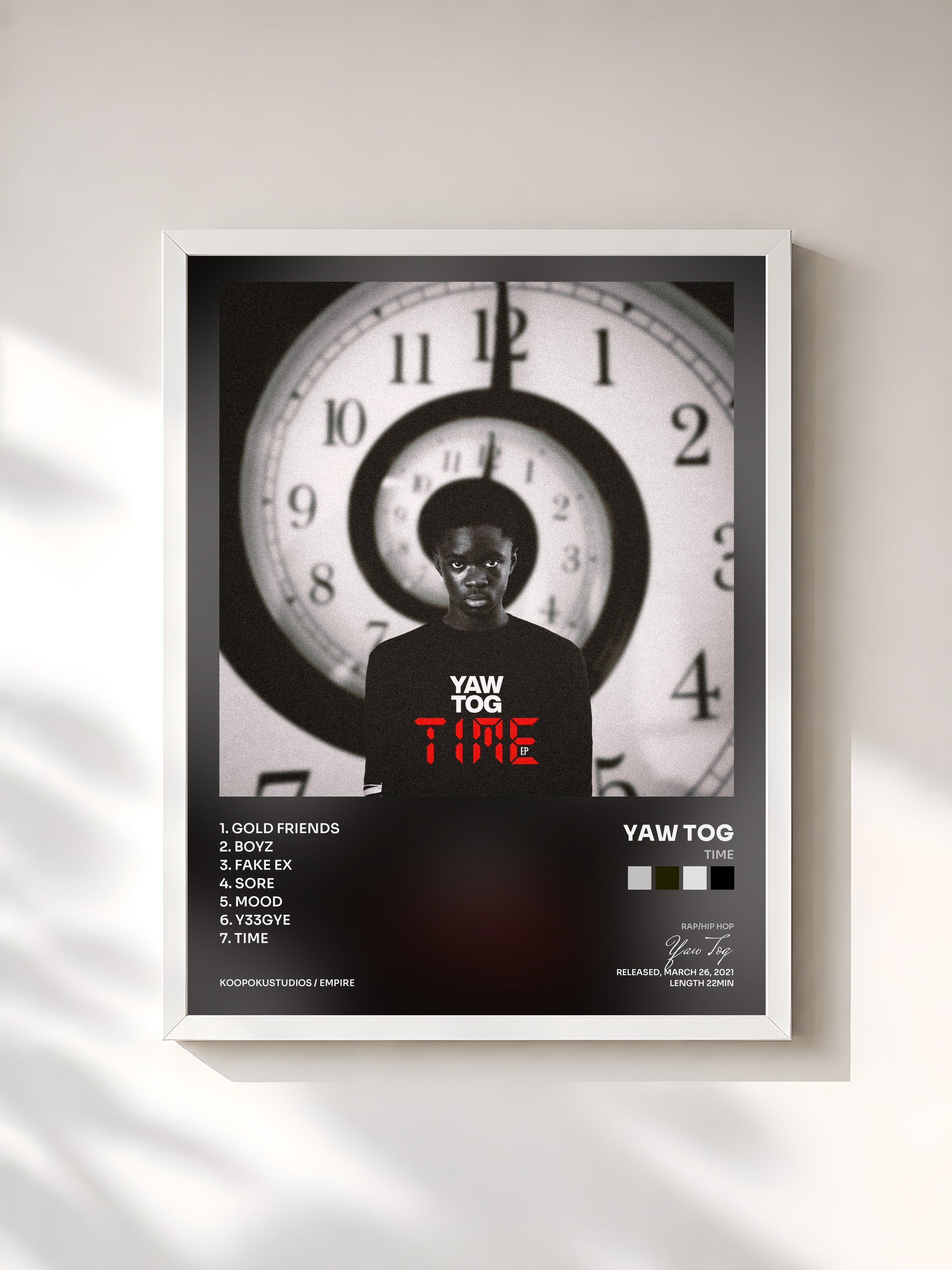 #blanc Tableau de l'album TIME de Yaw Tog, cadre blanc, imprimé et encadré en France