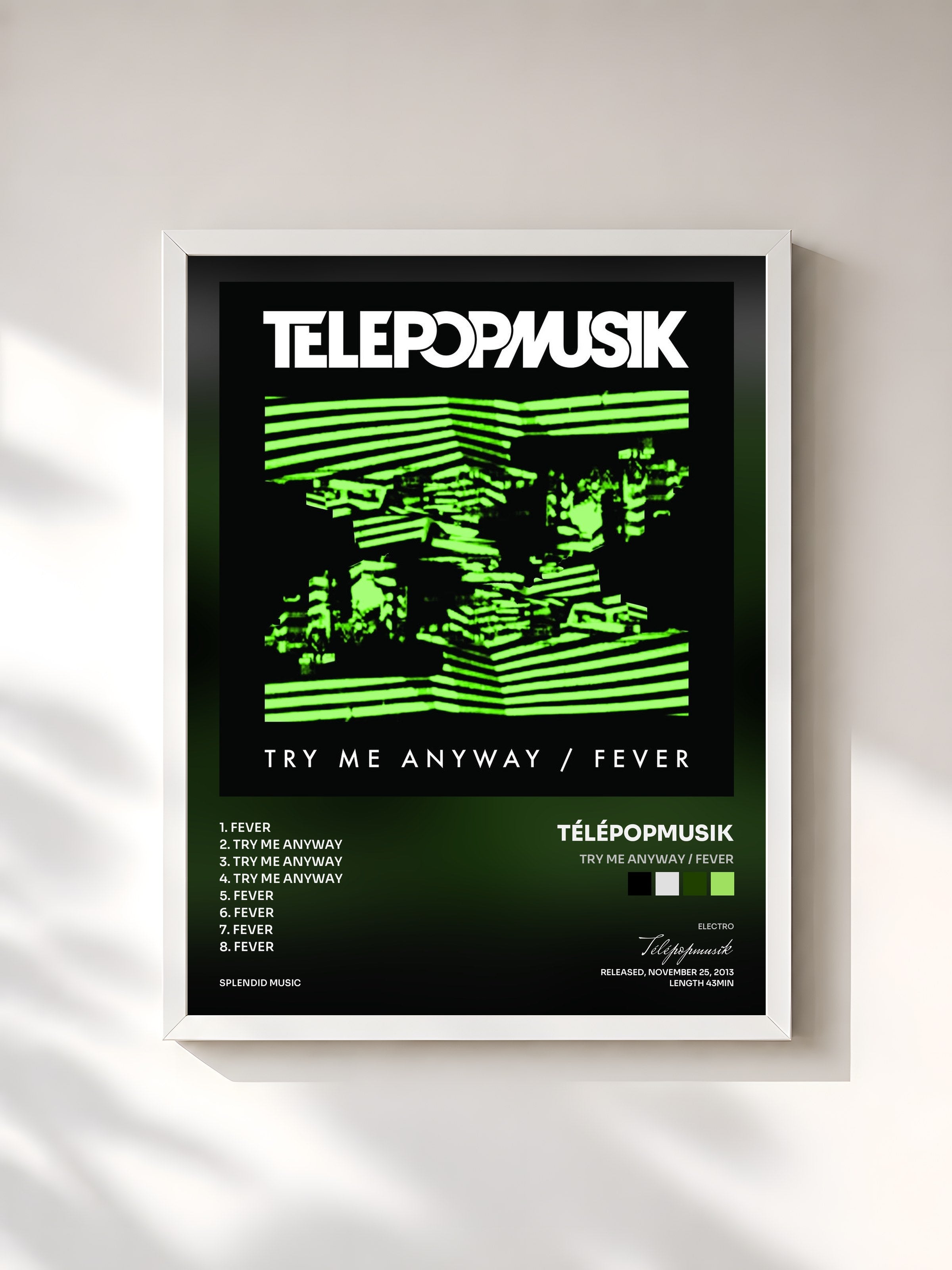 #blanc Tableau de l'album Try Me Anyway / Fever de Télépopmusik, cadre blanc, imprimé et encadré en France