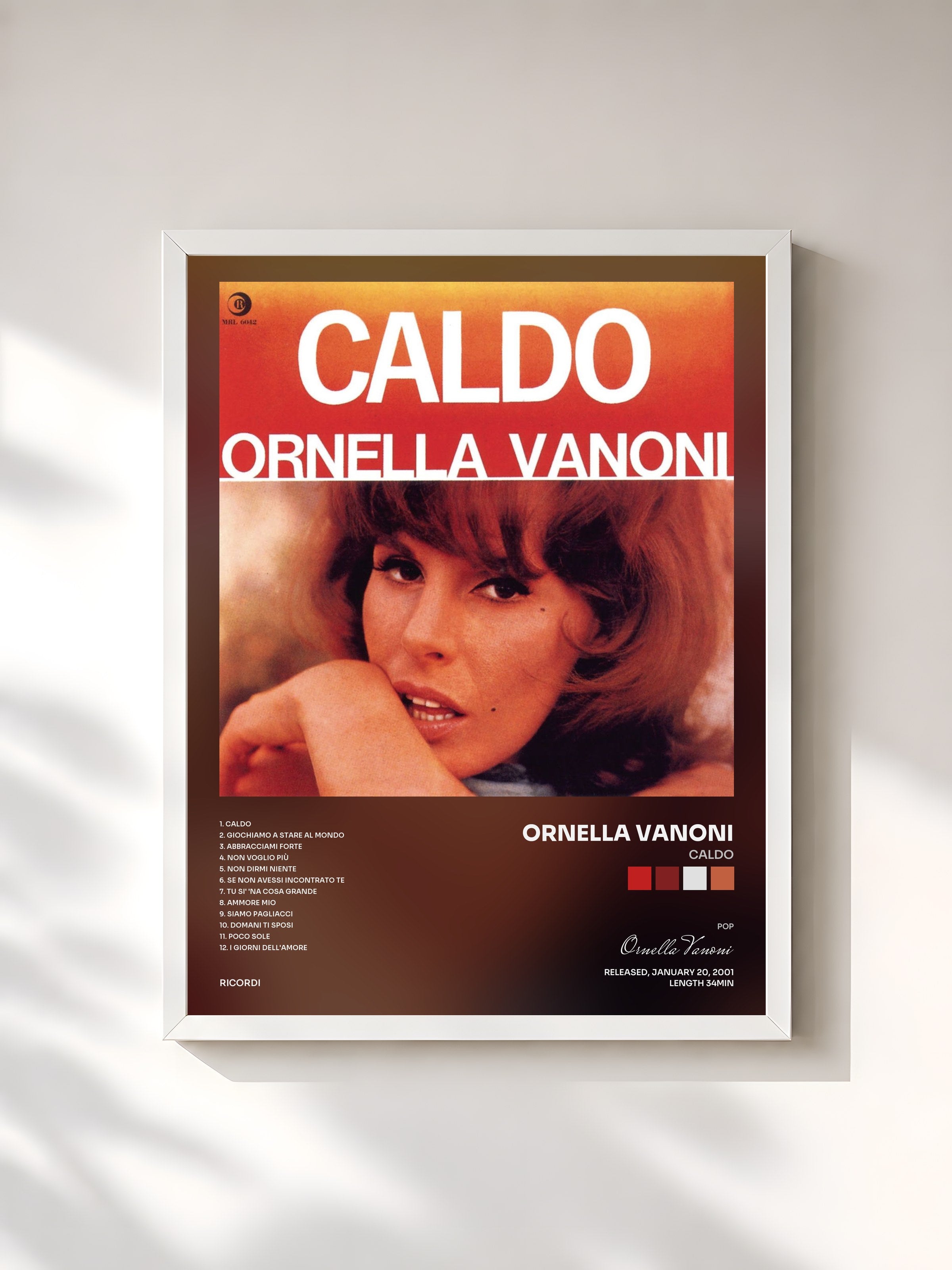 #blanc Tableau de l'album Caldo de Ornella Vanoni, cadre blanc, imprimé et encadré en France