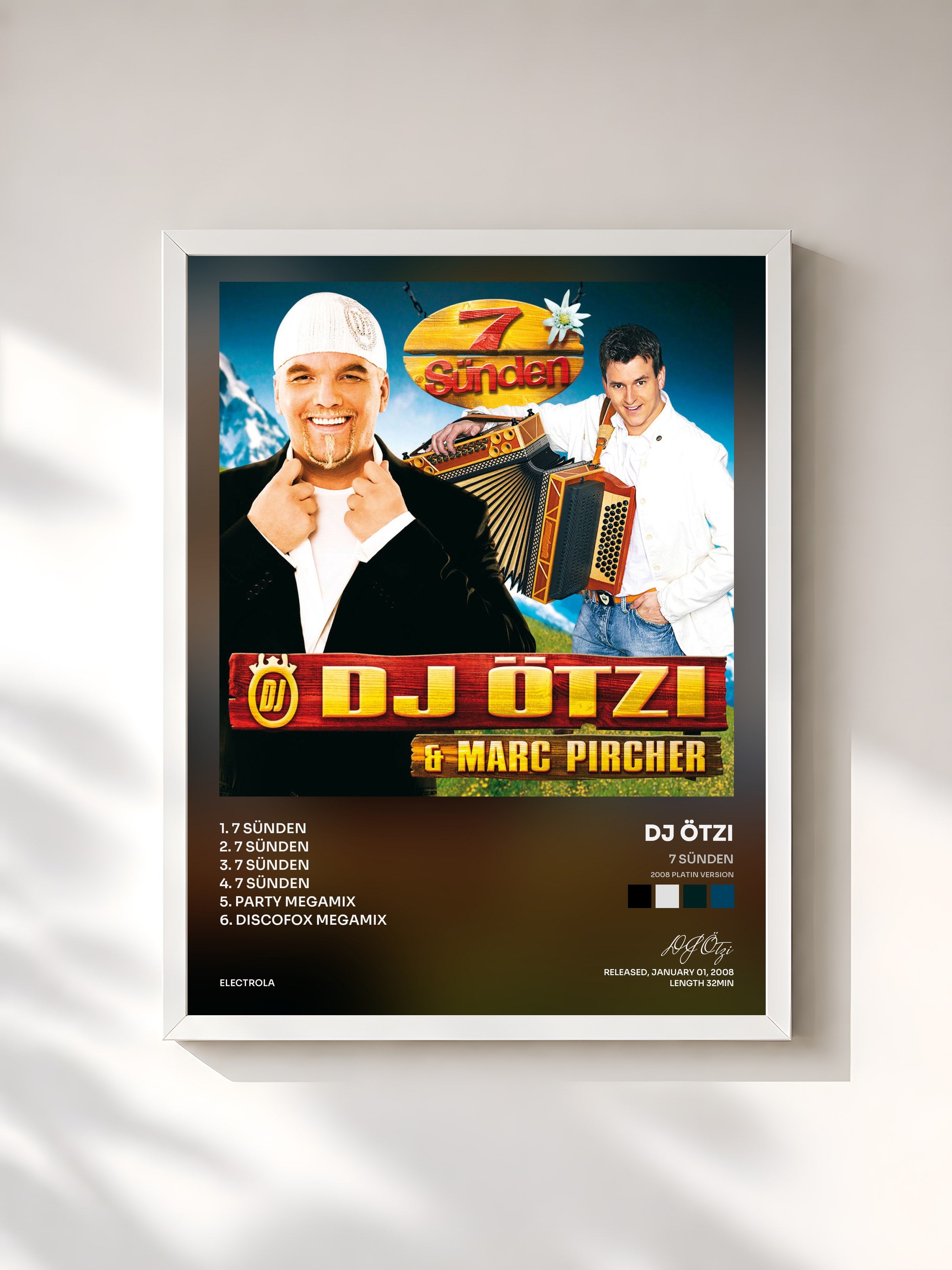 #blanc Tableau de l'album 7 Sünden (2008 Platin Version) de DJ Ötzi, cadre blanc, imprimé et encadré en France