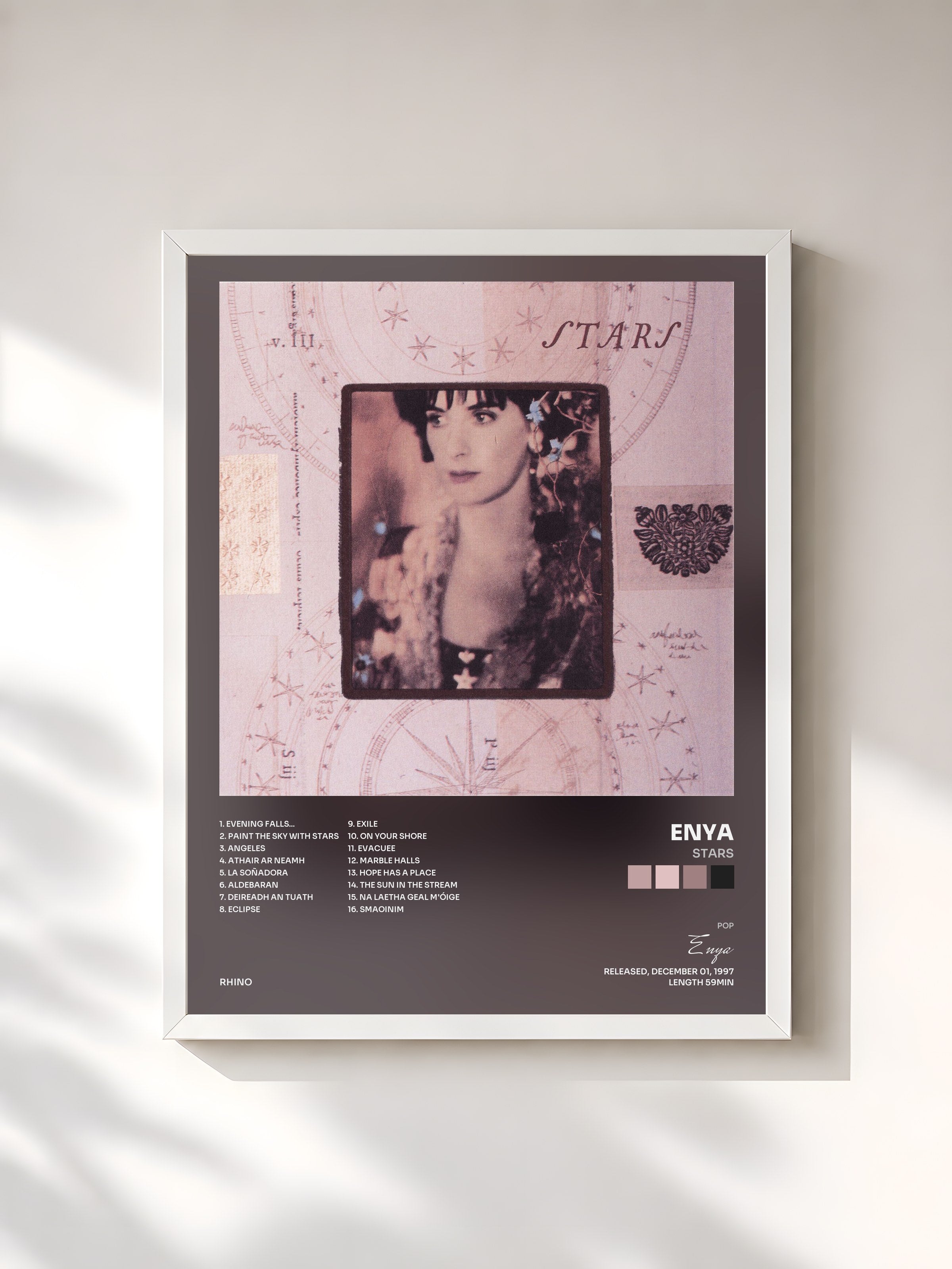 #blanc Tableau de l'album Stars de Enya, cadre blanc, imprimé et encadré en France