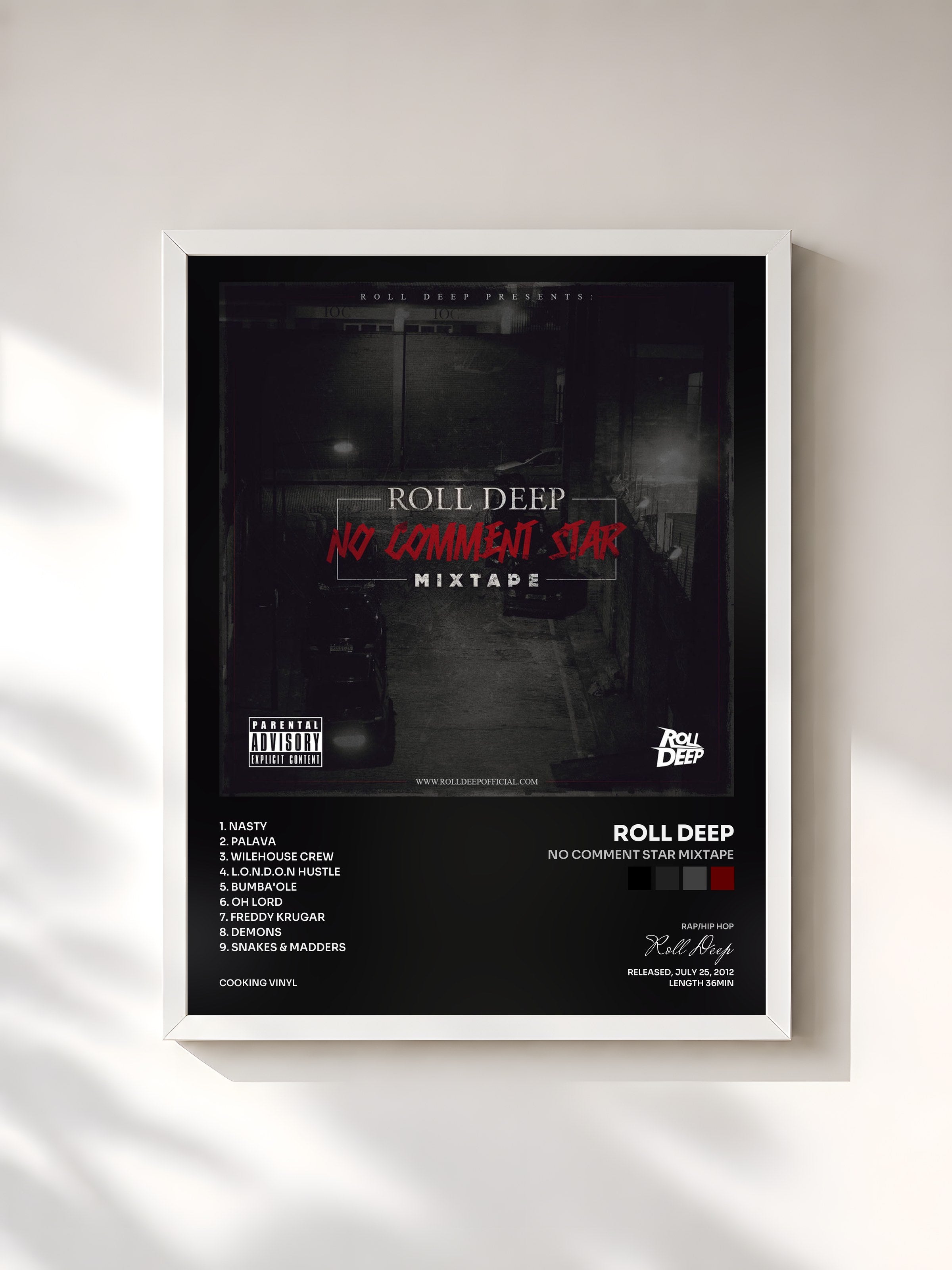 #blanc Tableau de l'album No Comment Star Mixtape de Roll Deep, cadre blanc, imprimé et encadré en France