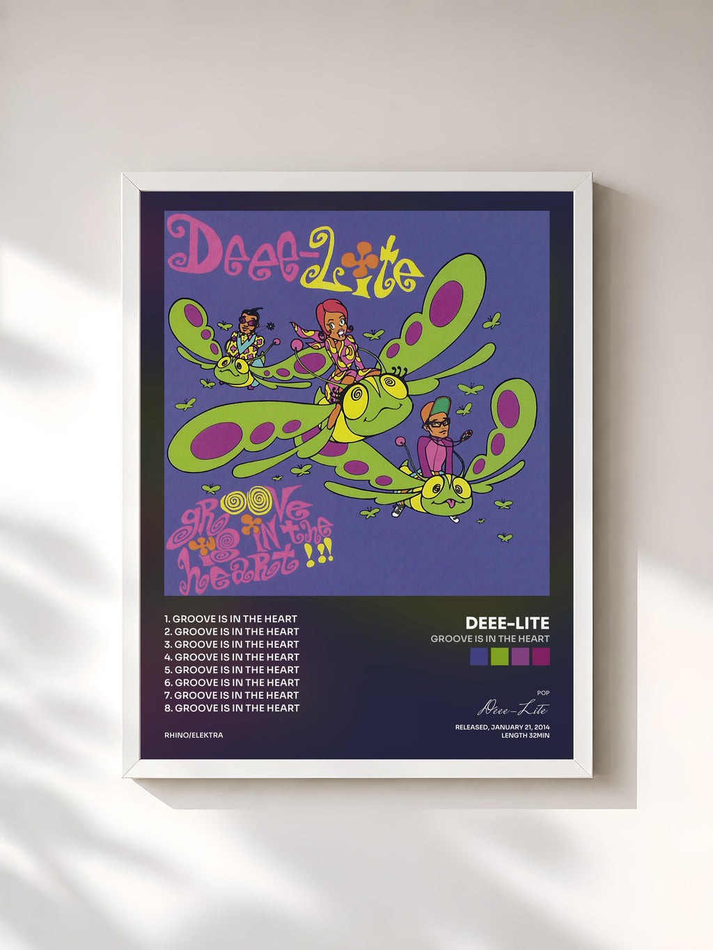#blanc Tableau de l'album Groove Is in the Heart de Deee-Lite, cadre blanc, imprimé et encadré en France