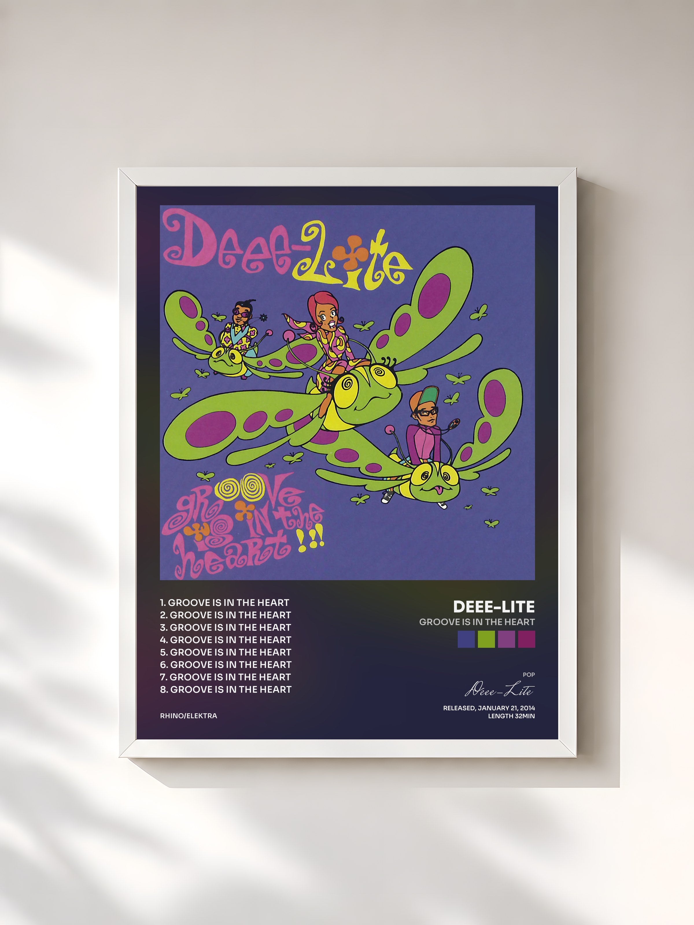 #blanc Tableau de l'album Groove Is in the Heart de Deee-Lite, cadre blanc, imprimé et encadré en France