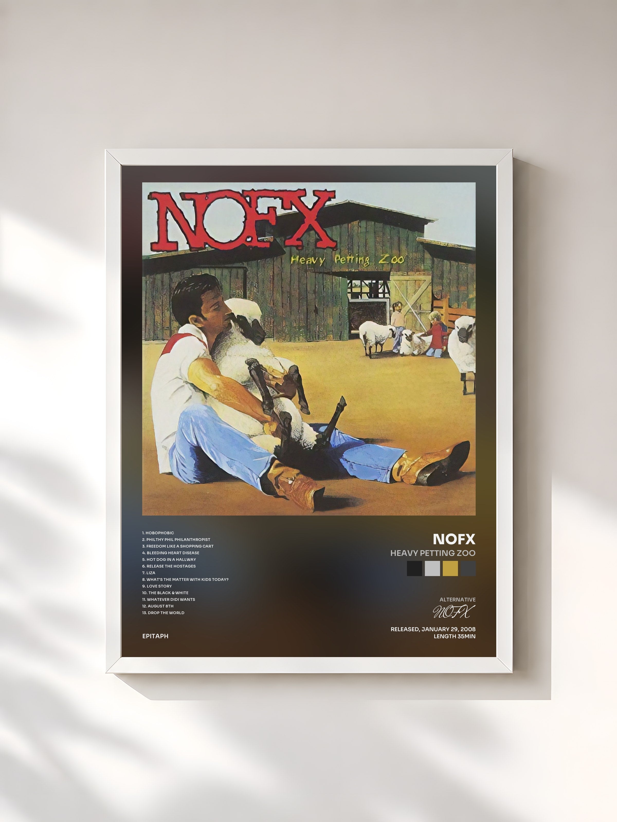 #blanc Tableau de l'album Heavy Petting Zoo de NOFX, cadre blanc, imprimé et encadré en France
