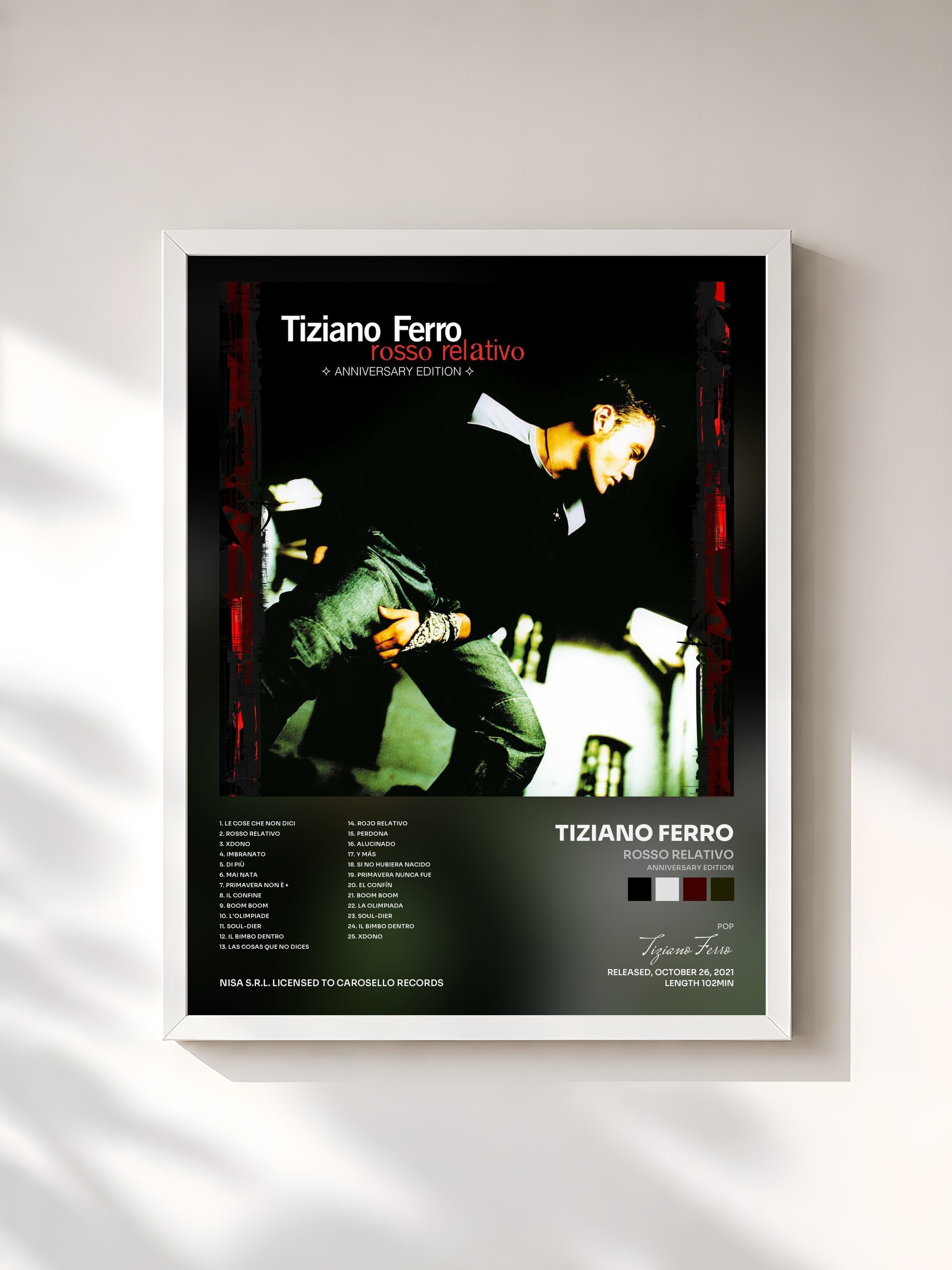 #blanc Tableau de l'album Rosso Relativo (Anniversary Edition) de Tiziano Ferro, cadre blanc, imprimé et encadré en France
