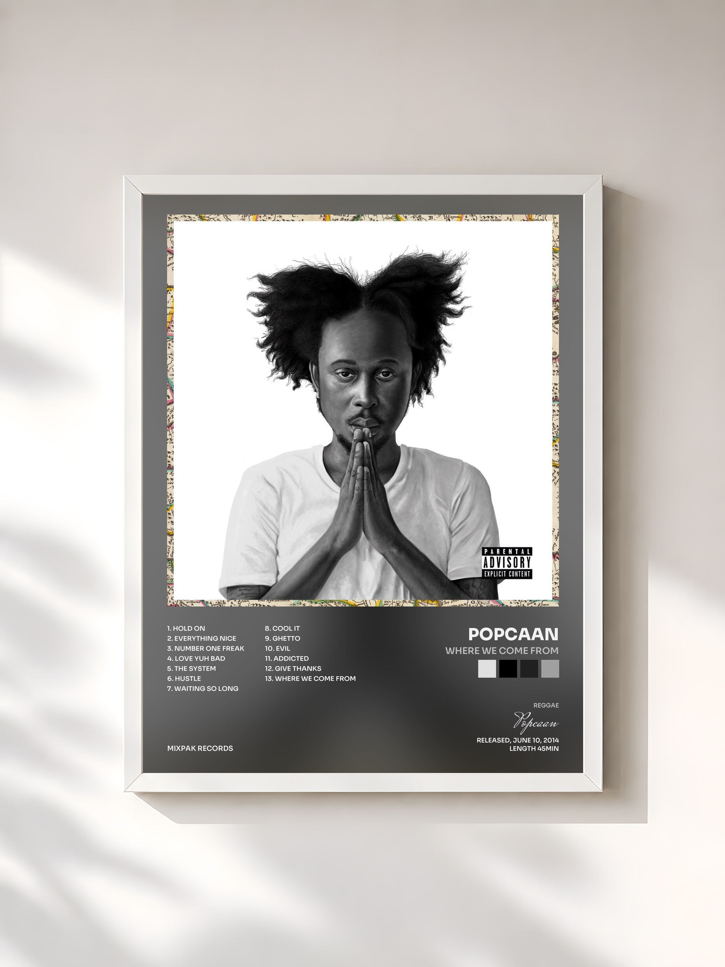 #blanc Tableau de l'album Where We Come From de Popcaan, cadre blanc, imprimé et encadré en France