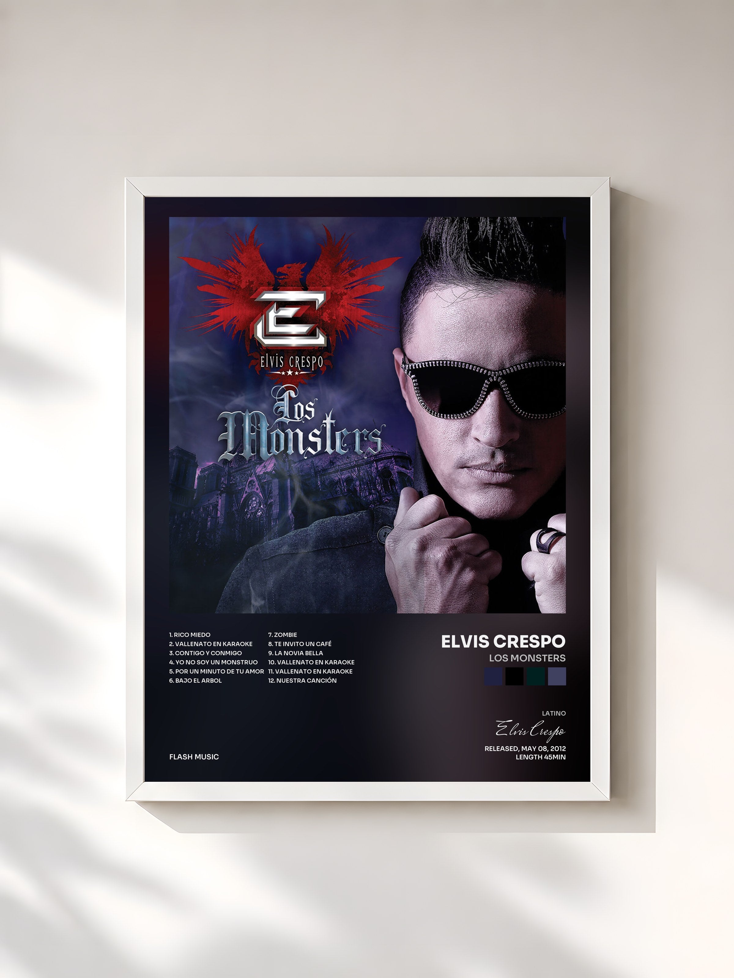 #blanc Tableau de l'album Los Monsters de Elvis Crespo, cadre blanc, imprimé et encadré en France