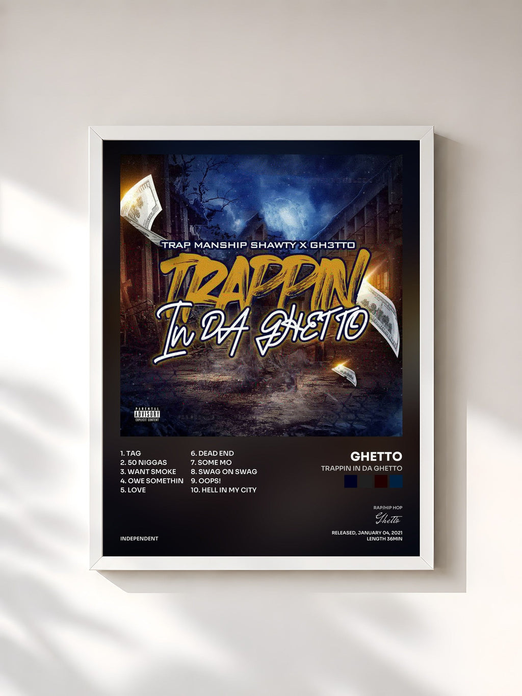 #blanc Trappin In Da Ghetto by Ghetto as a framed art print, white frame, printed and framed in France