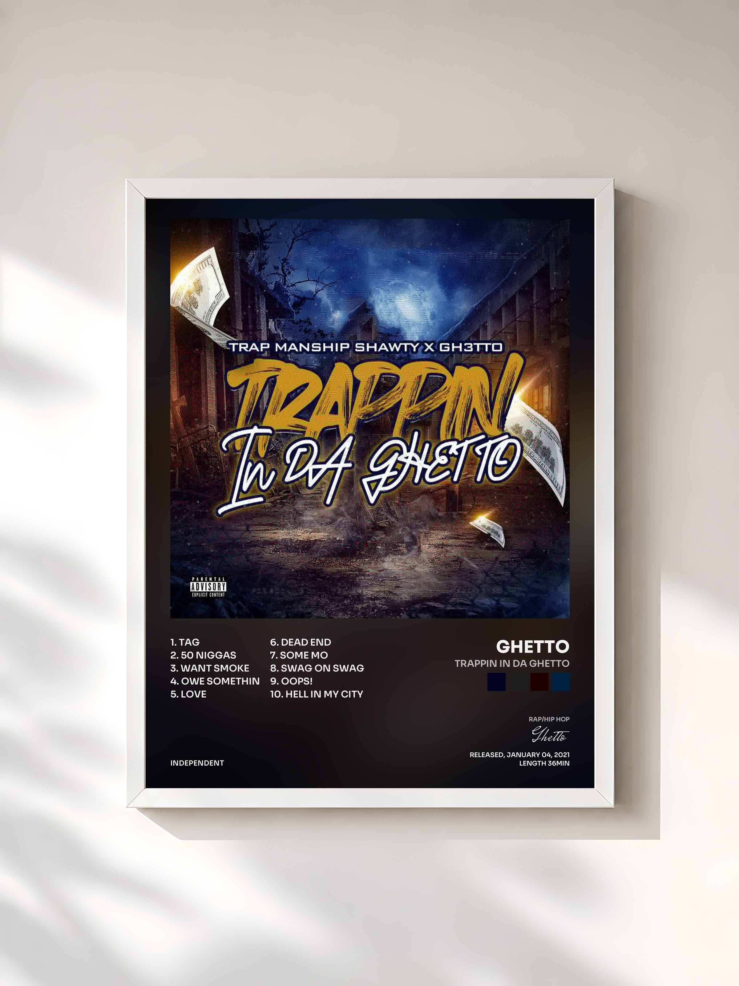 #blanc Tableau de l'album Trappin In Da Ghetto de Ghetto, cadre blanc, imprimé et encadré en France