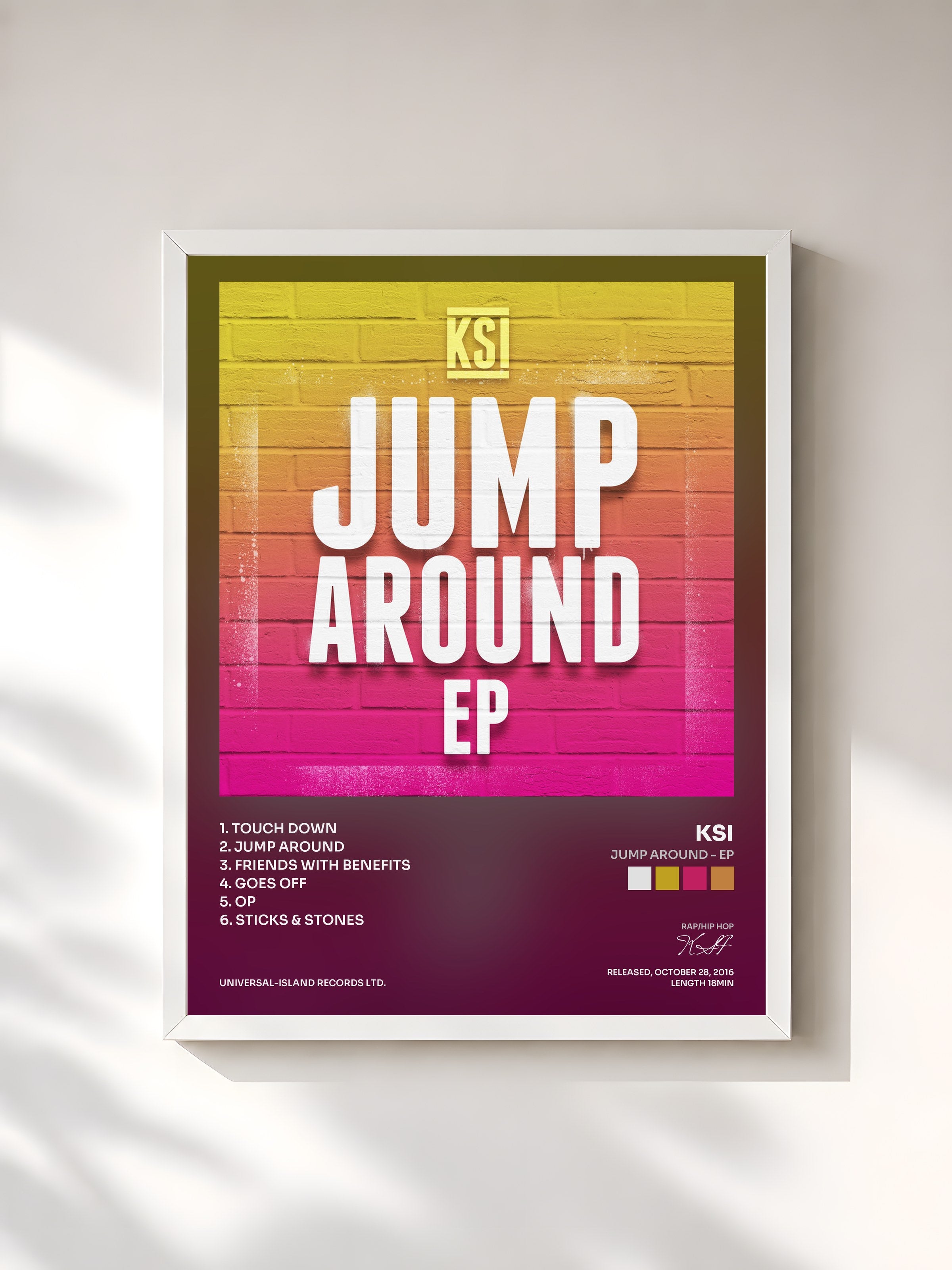 #blanc Tableau de l'album Jump Around - EP de KSI, cadre blanc, imprimé et encadré en France