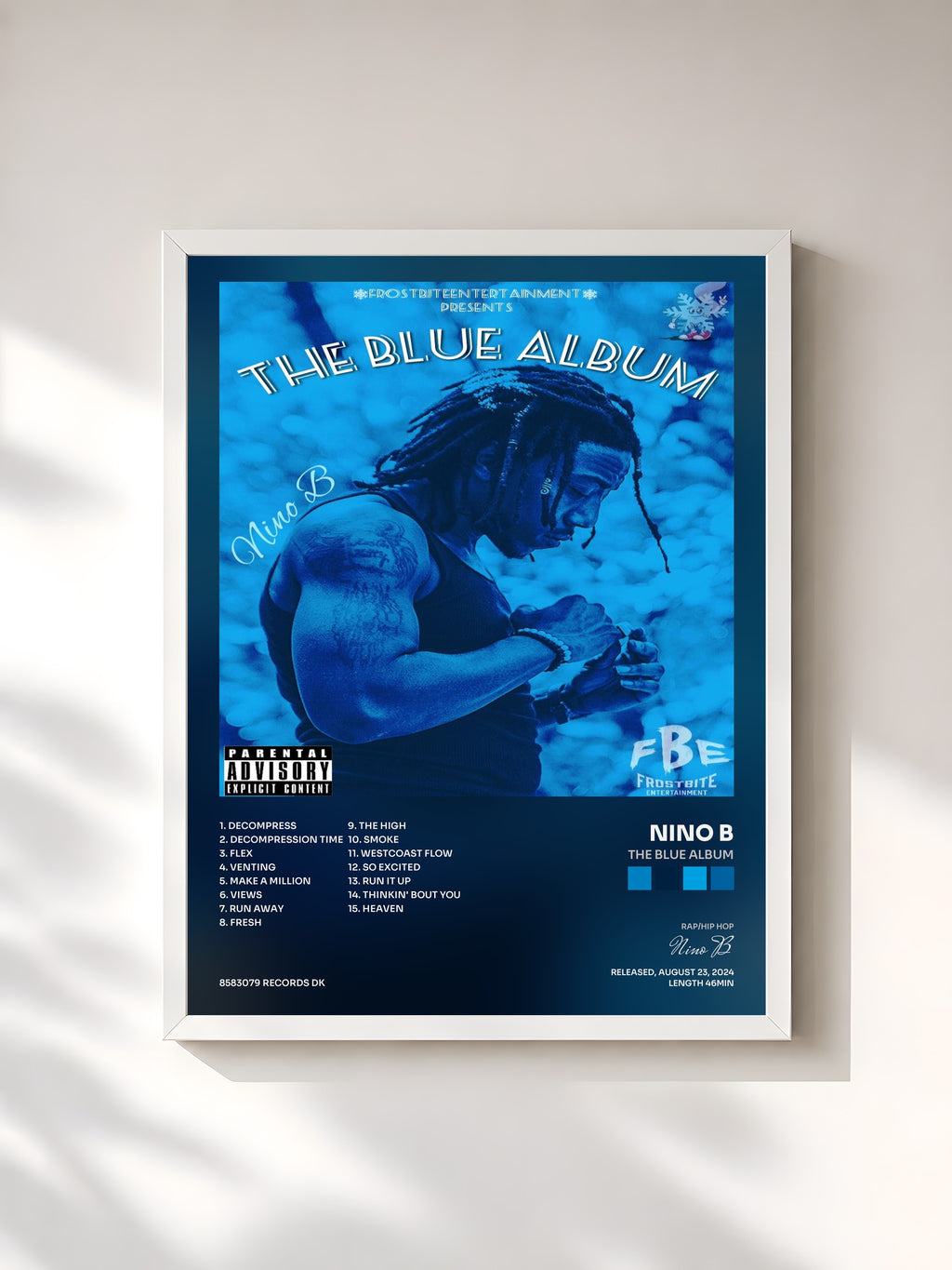 #blanc Tableau de l'album The Blue Album de Nino B, cadre blanc, imprimé et encadré en France