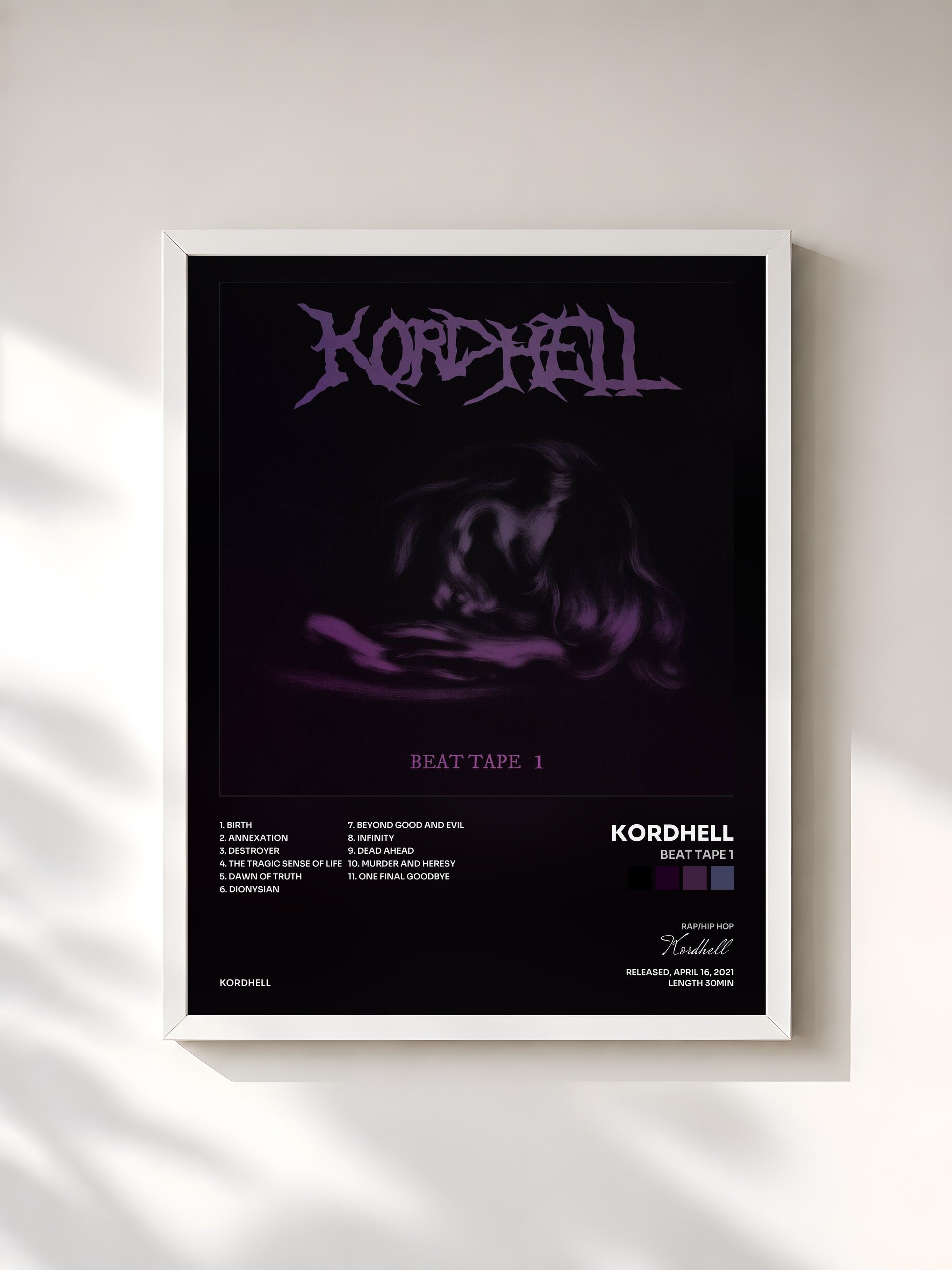 #blanc Tableau de l'album Beat Tape 1 de Kordhell, cadre blanc, imprimé et encadré en France