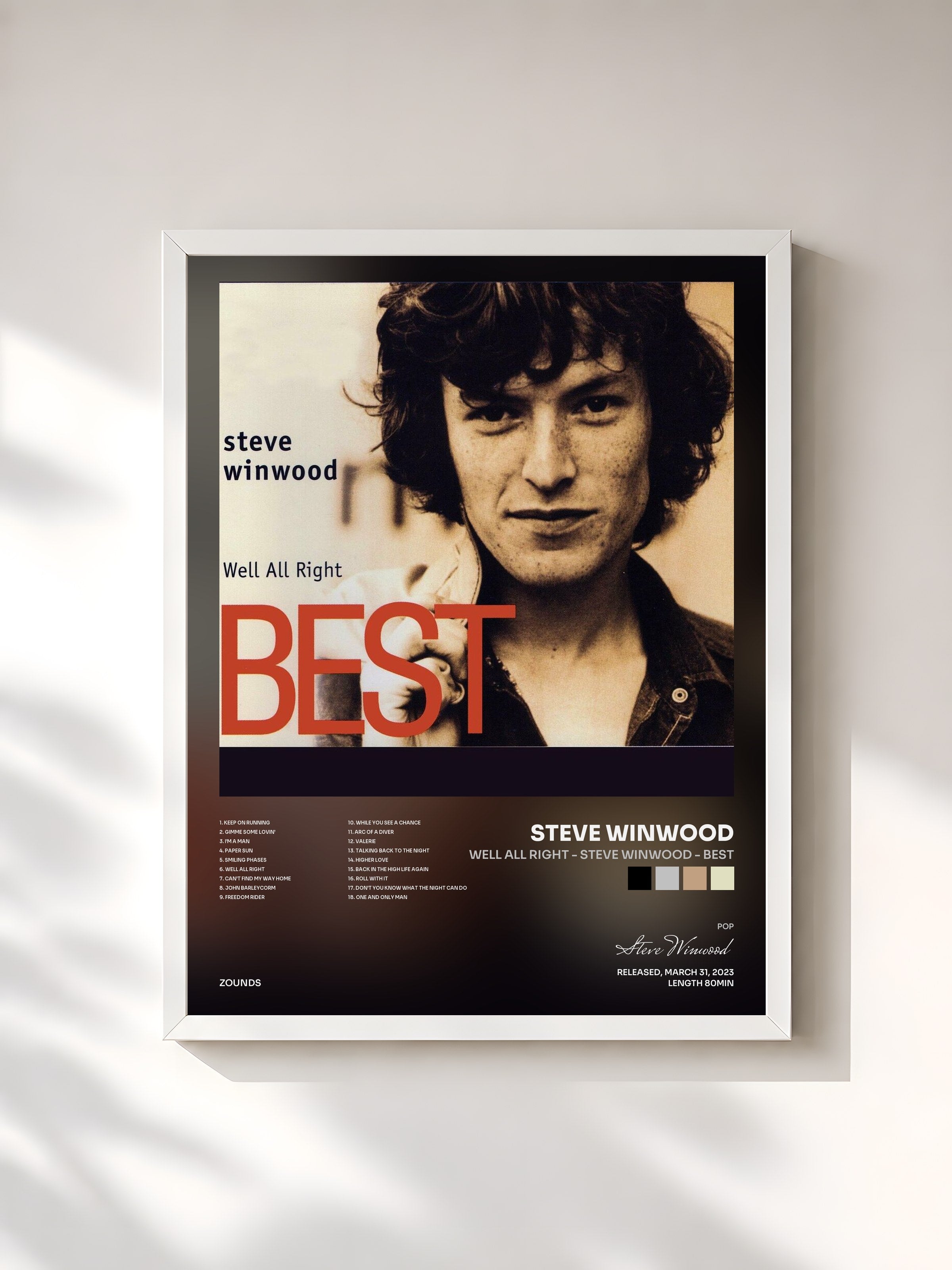 #blanc Tableau de l'album Well All Right - Steve Winwood - Best de Steve Winwood, cadre blanc, imprimé et encadré en France