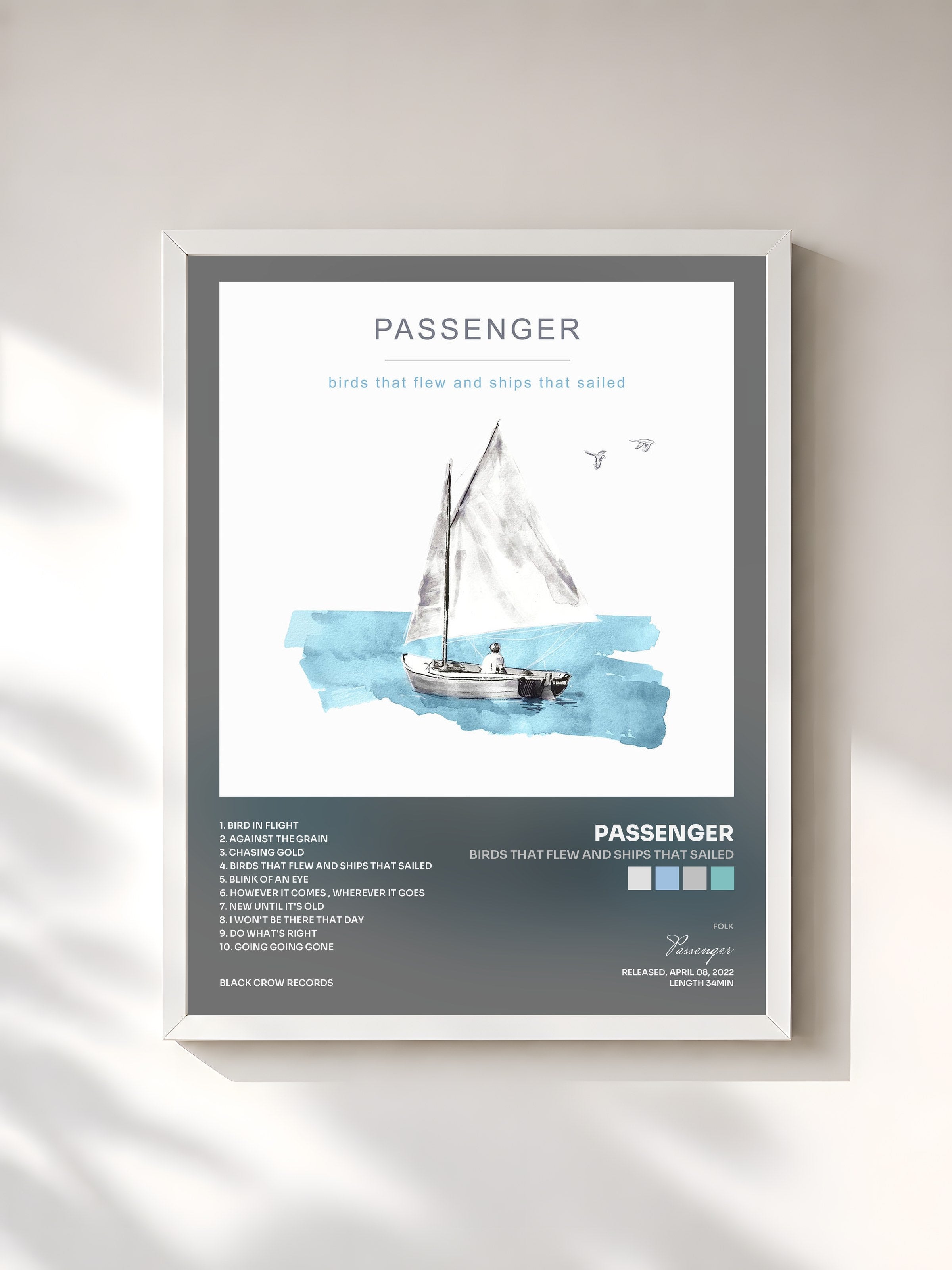#blanc Tableau de l'album Birds That Flew and Ships That Sailed de Passenger, cadre blanc, imprimé et encadré en France