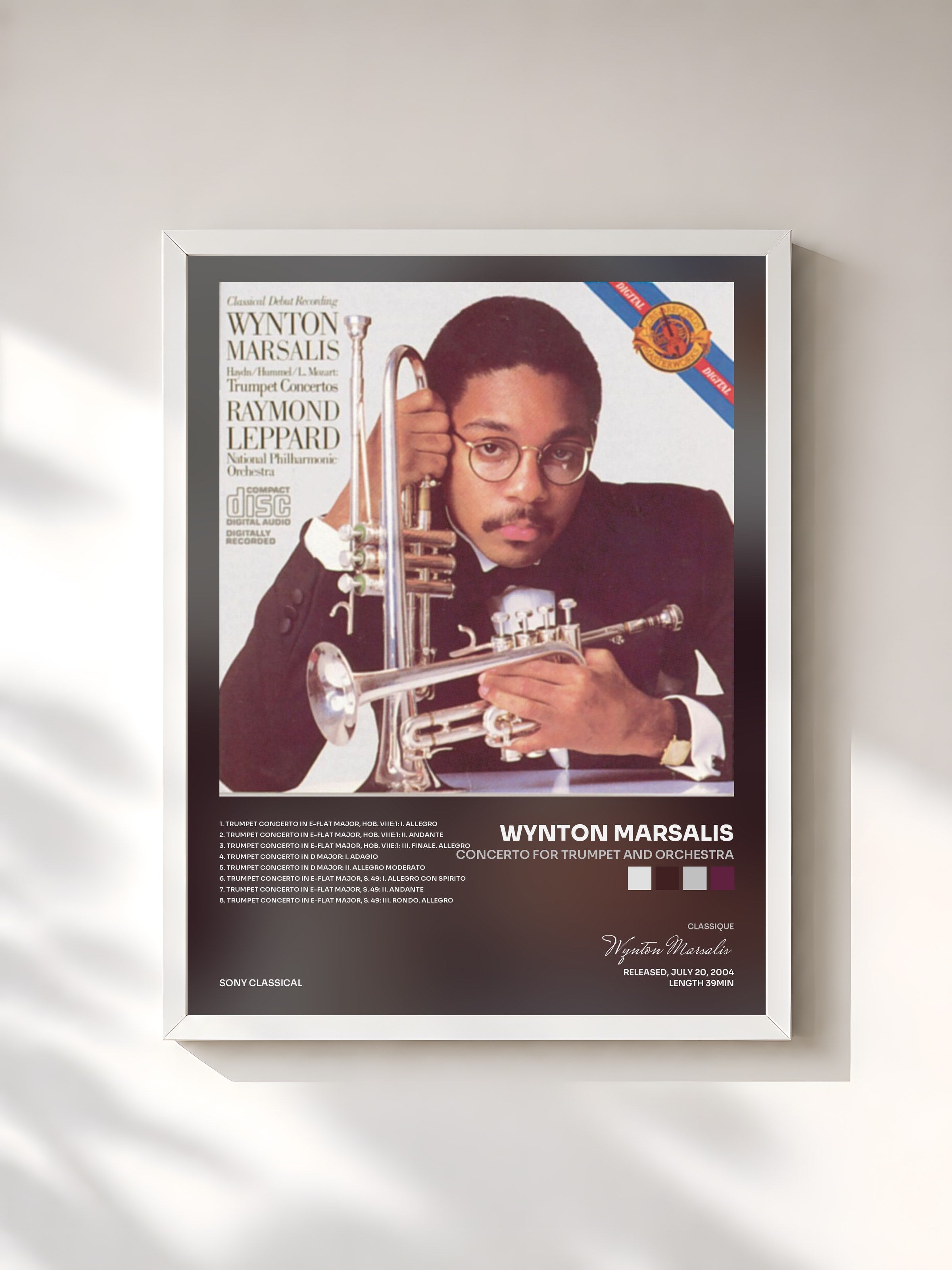 #blanc Tableau de l'album Concerto for Trumpet and Orchestra de Wynton Marsalis, cadre blanc, imprimé et encadré en France