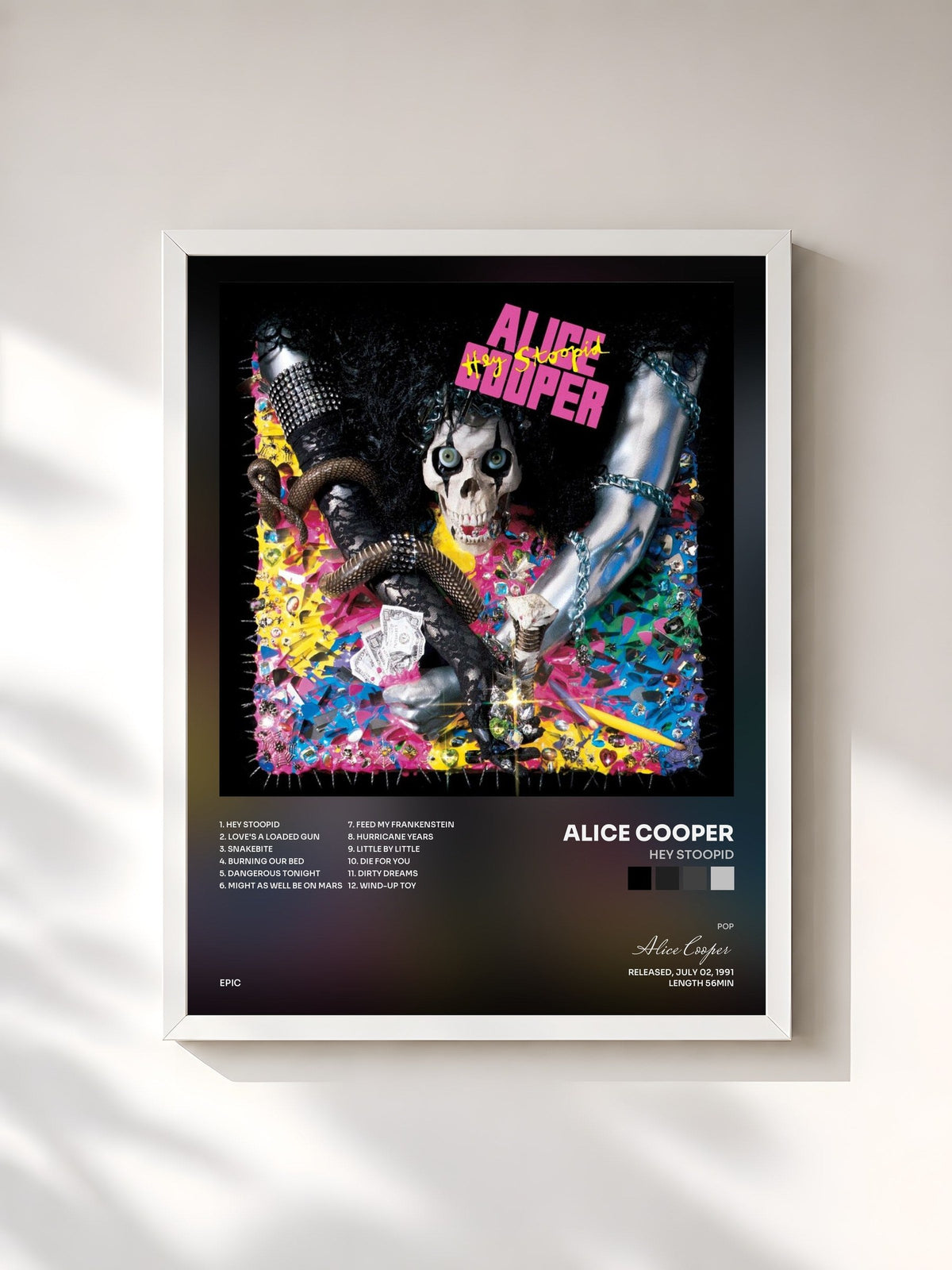 #blanc Tableau de l'album Hey Stoopid de Alice Cooper, cadre blanc, imprimé et encadré en France