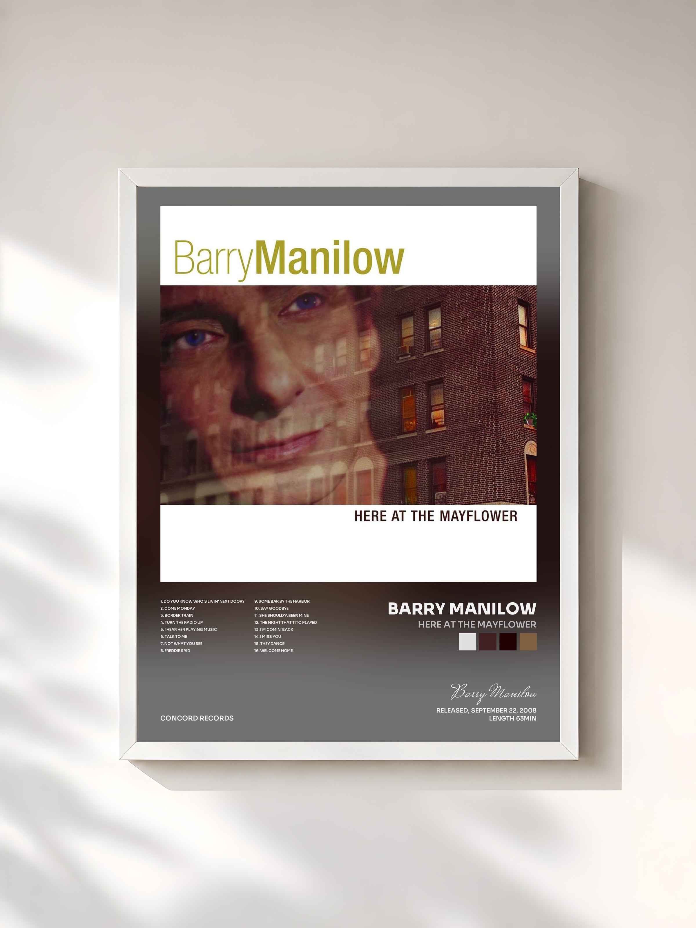 #blanc Tableau de l'album Here At The Mayflower de Barry Manilow, cadre blanc, imprimé et encadré en France