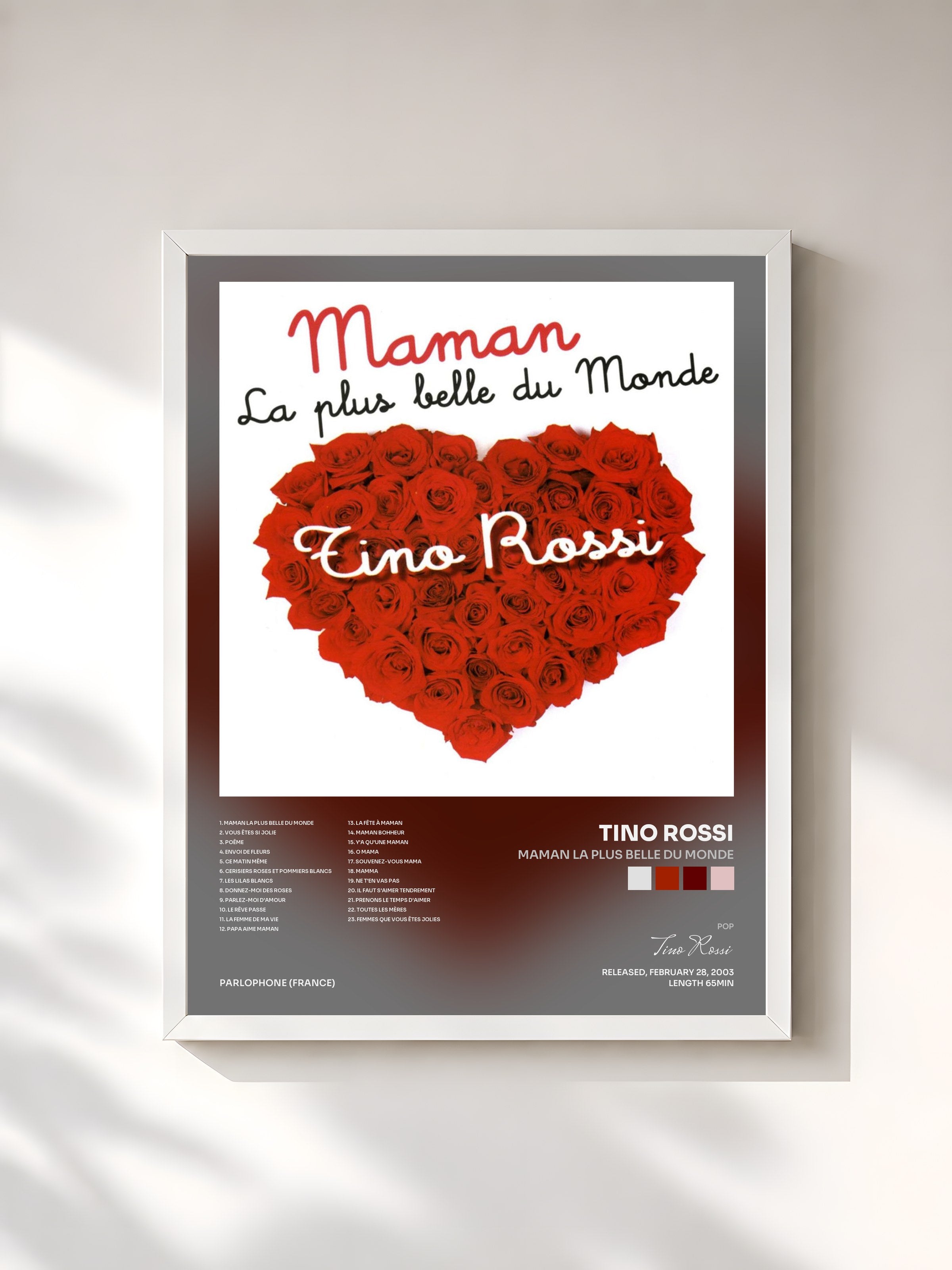 #blanc Tableau de l'album Maman La Plus Belle Du Monde de Tino Rossi, cadre blanc, imprimé et encadré en France