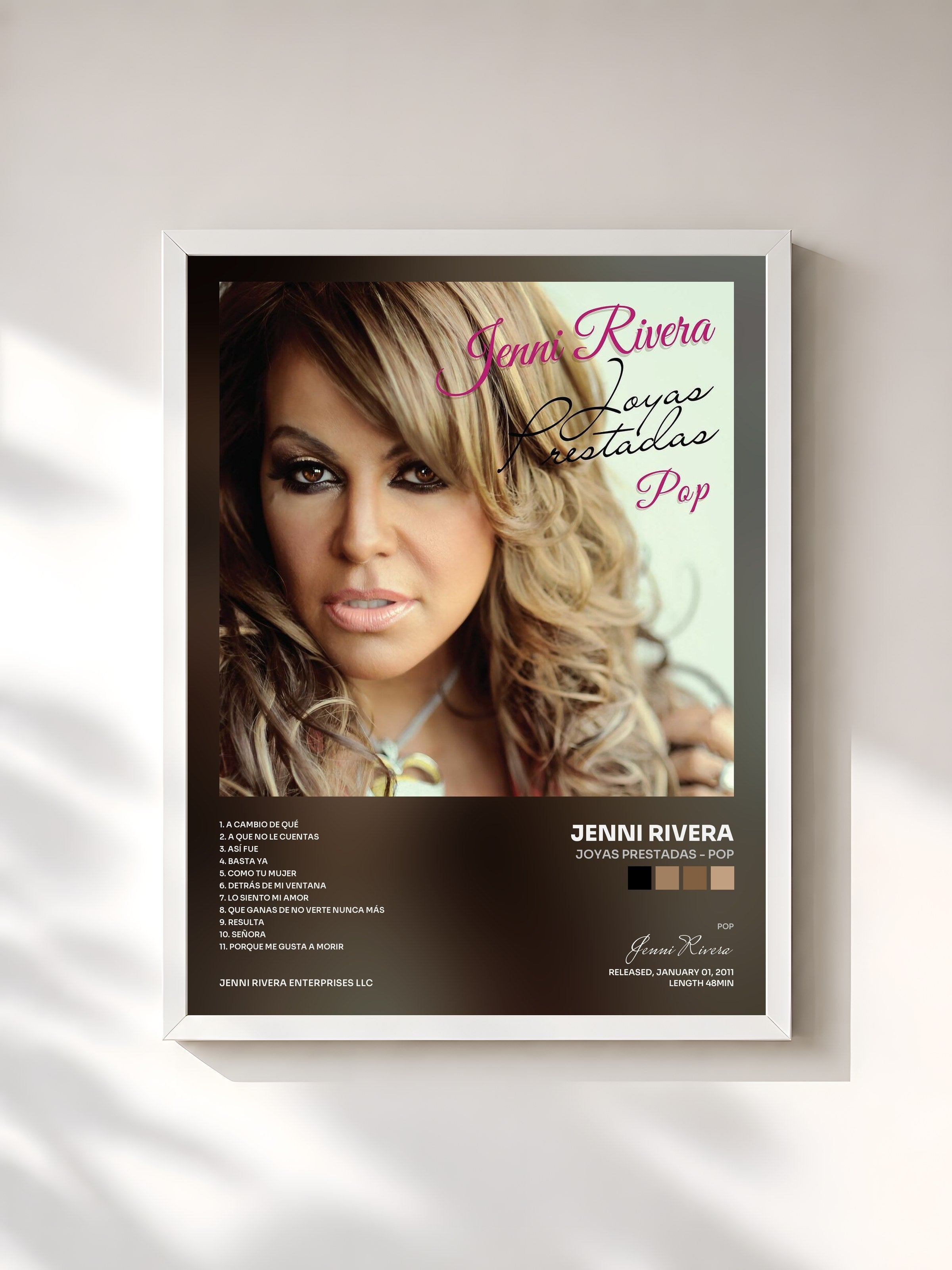 #blanc Tableau de l'album Joyas Prestadas - Pop de Jenni Rivera, cadre blanc, imprimé et encadré en France
