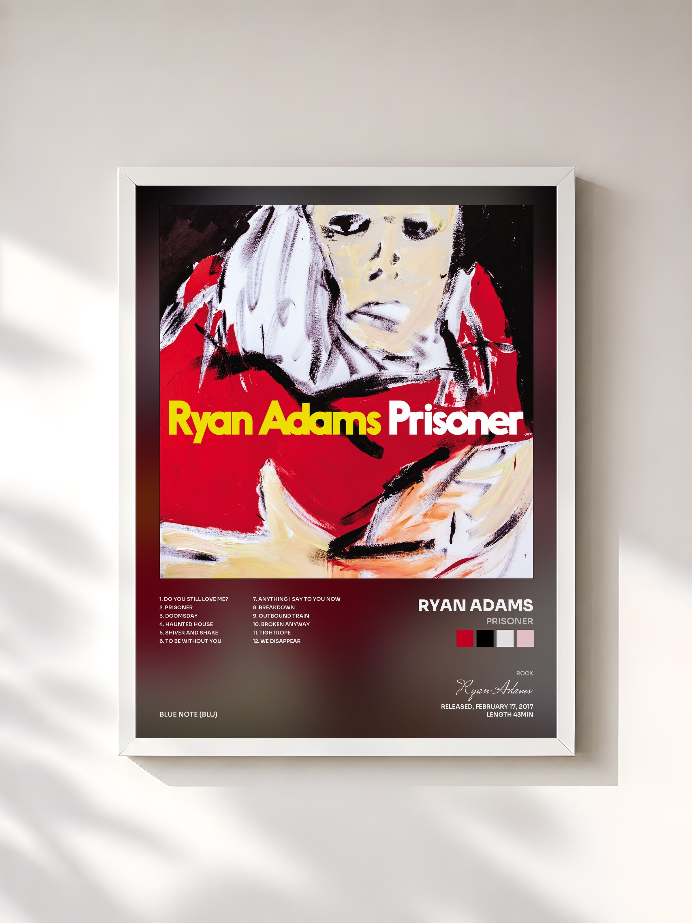 #blanc Tableau de l'album Prisoner de Ryan Adams, cadre blanc, imprimé et encadré en France