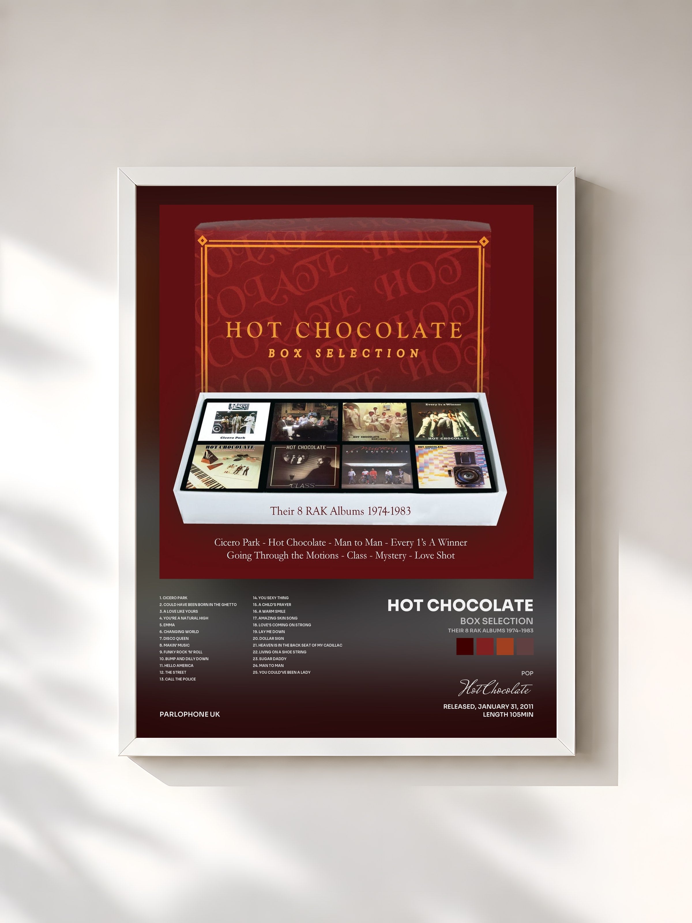 #blanc Tableau de l'album Box Selection (Their 8 RAK Albums 1974-1983) de Hot Chocolate, cadre blanc, imprimé et encadré en France