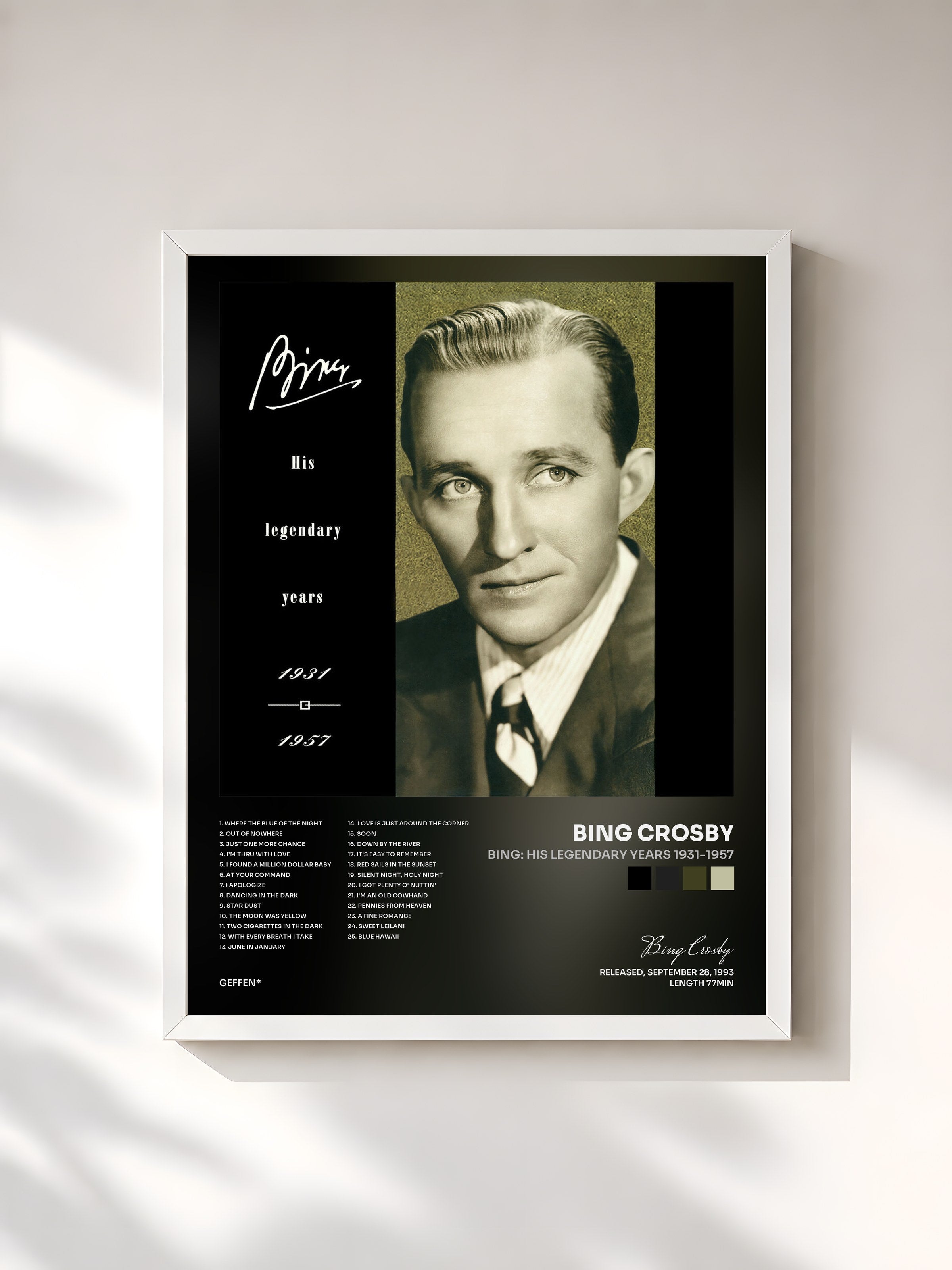 #blanc Tableau de l'album Bing: His Legendary Years 1931-1957 de Bing Crosby, cadre blanc, imprimé et encadré en France