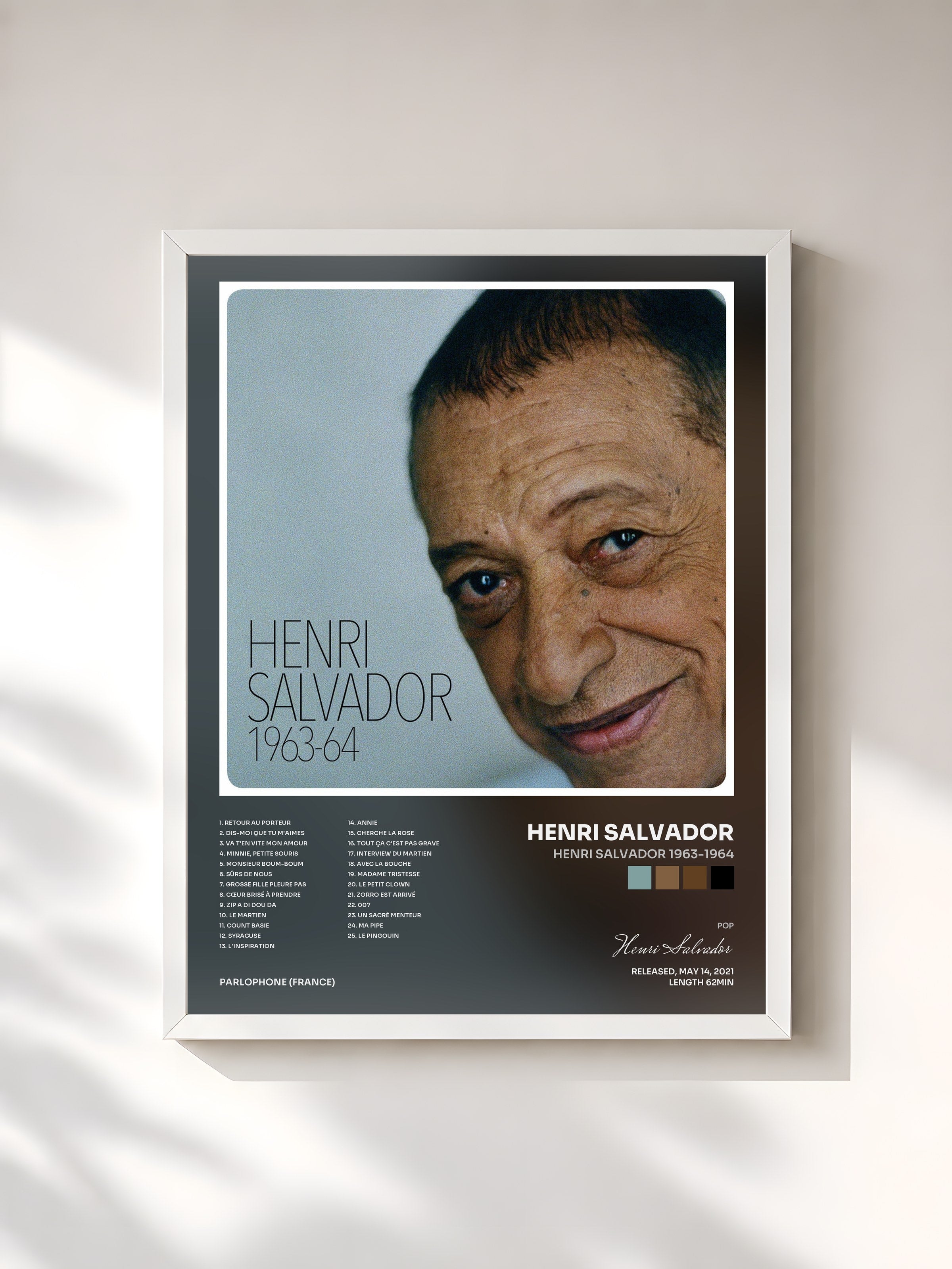 #blanc Tableau de l'album Henri Salvador 1963-1964 de Henri Salvador, cadre blanc, imprimé et encadré en France