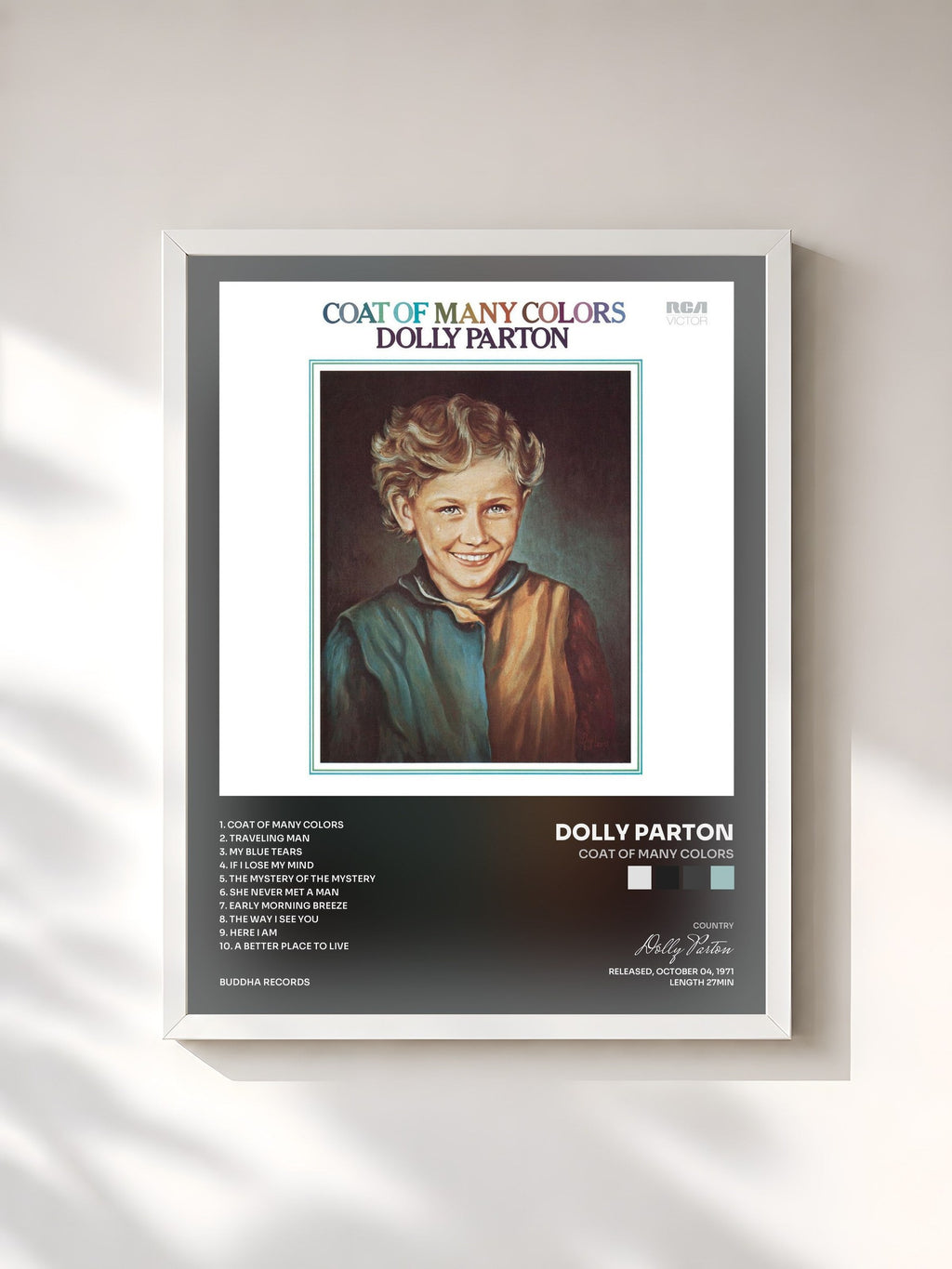 #blanc Coat Of Many Colors by Dolly Parton as a framed art print, white frame, printed and framed in France