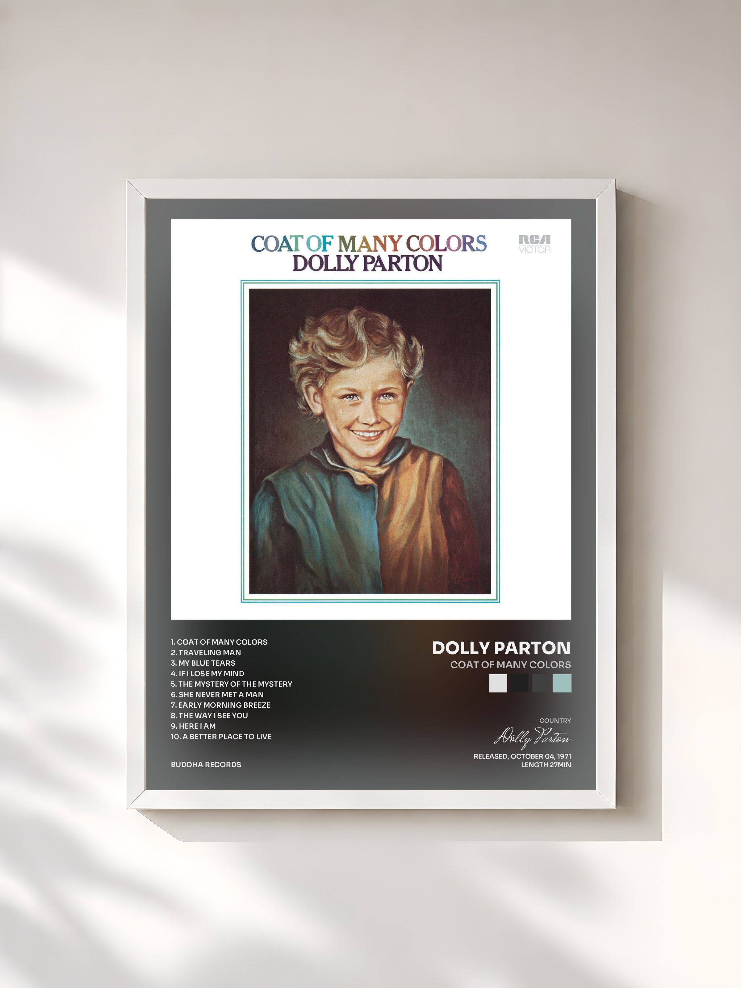 #blanc Tableau de l'album Coat Of Many Colors de Dolly Parton, cadre blanc, imprimé et encadré en France