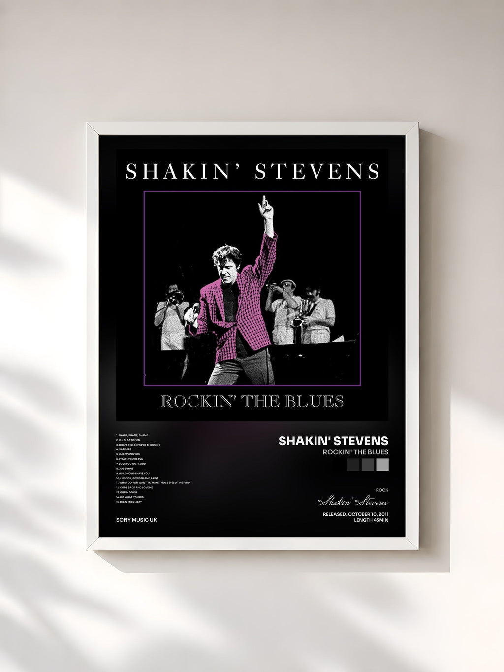 #blanc Rockin' The Blues by Shakin' Stevens as a framed art print, white frame, printed and framed in France