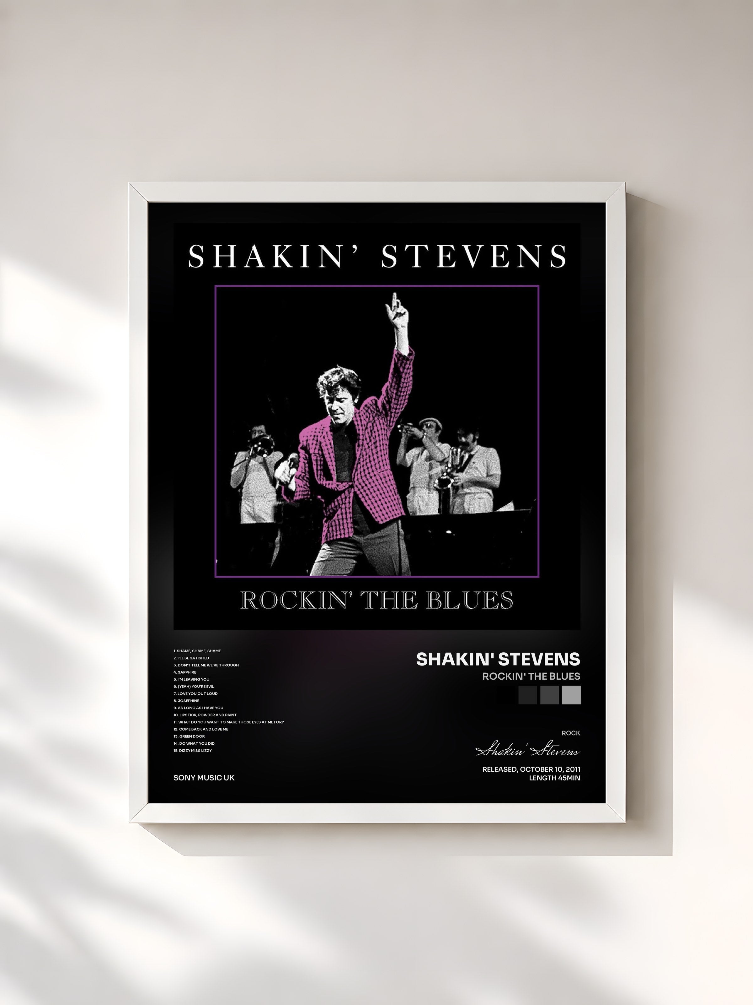#blanc Tableau de l'album Rockin' The Blues de Shakin' Stevens, cadre blanc, imprimé et encadré en France