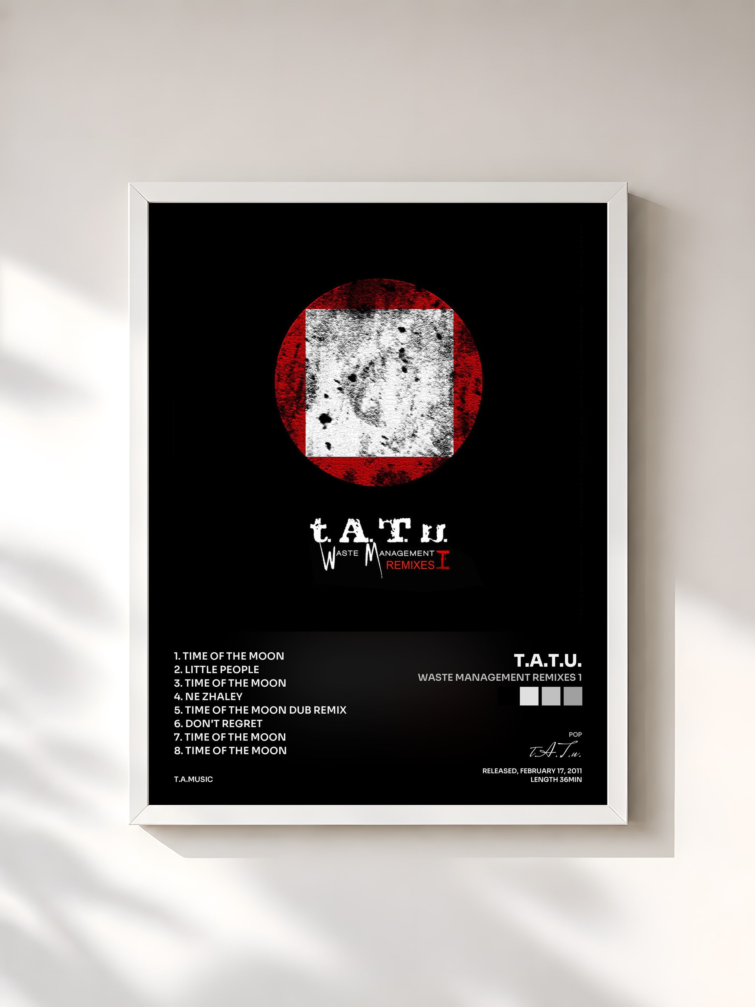 #blanc Tableau de l'album Waste Management Remixes 1 de t.A.T.u., cadre blanc, imprimé et encadré en France