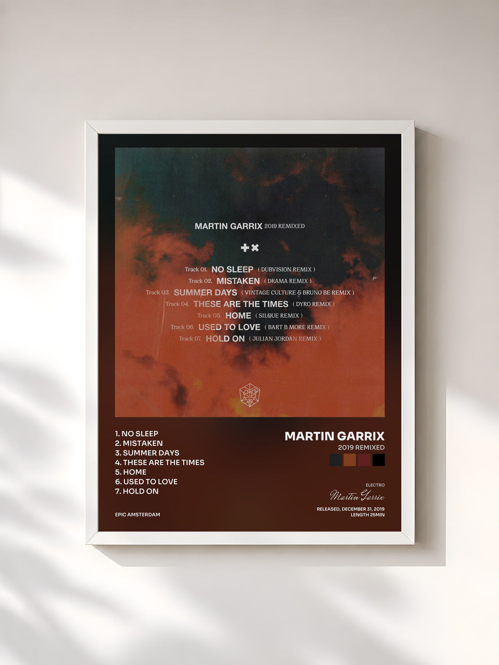 #blanc Tableau de l'album 2019 Remixed de Martin Garrix, cadre blanc, imprimé et encadré en France