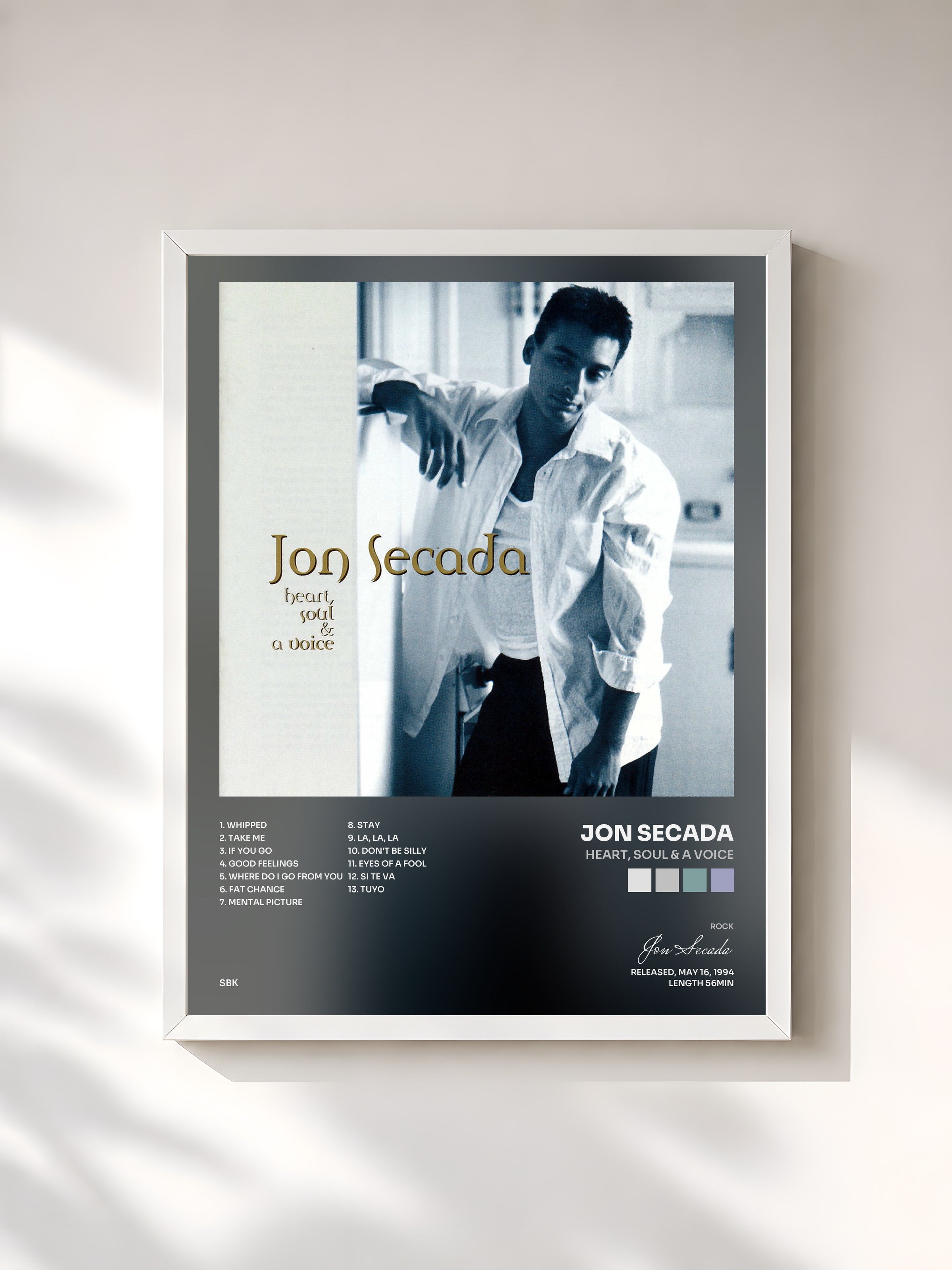 #blanc Tableau de l'album Heart, Soul & A Voice de Jon Secada, cadre blanc, imprimé et encadré en France