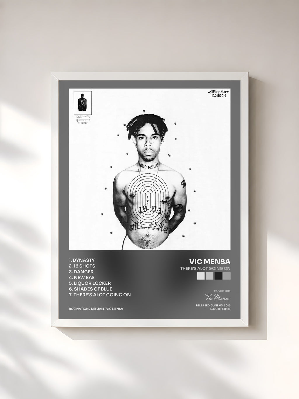 #blanc Tableau de l'album There's Alot Going On de Vic Mensa, cadre blanc, imprimé et encadré en France
