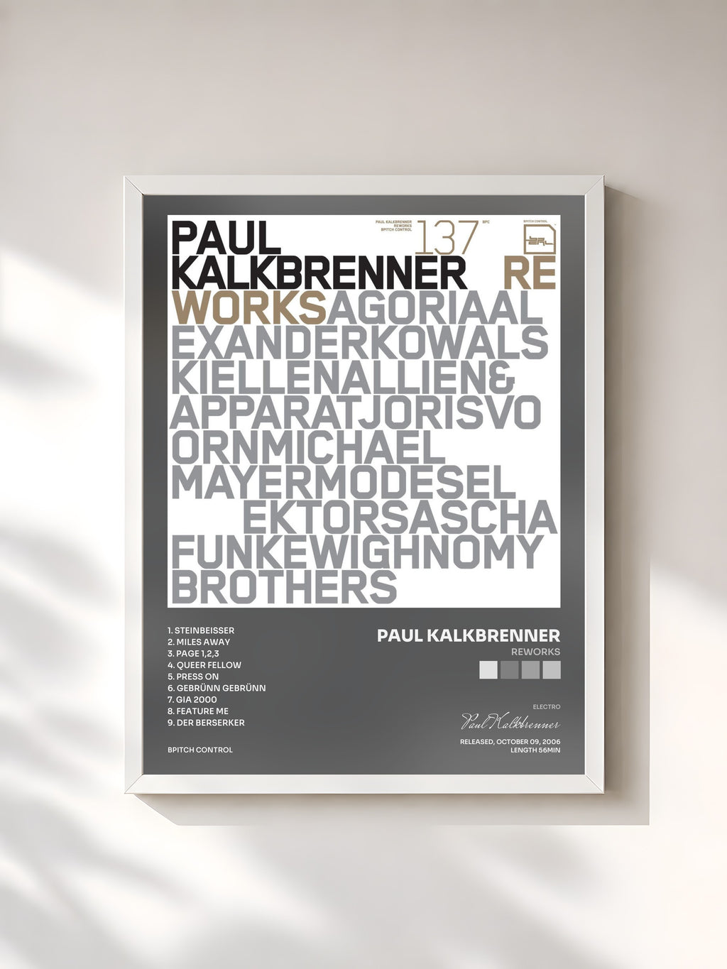 #blanc Tableau de l'album Reworks de Paul Kalkbrenner, cadre blanc, imprimé et encadré en France