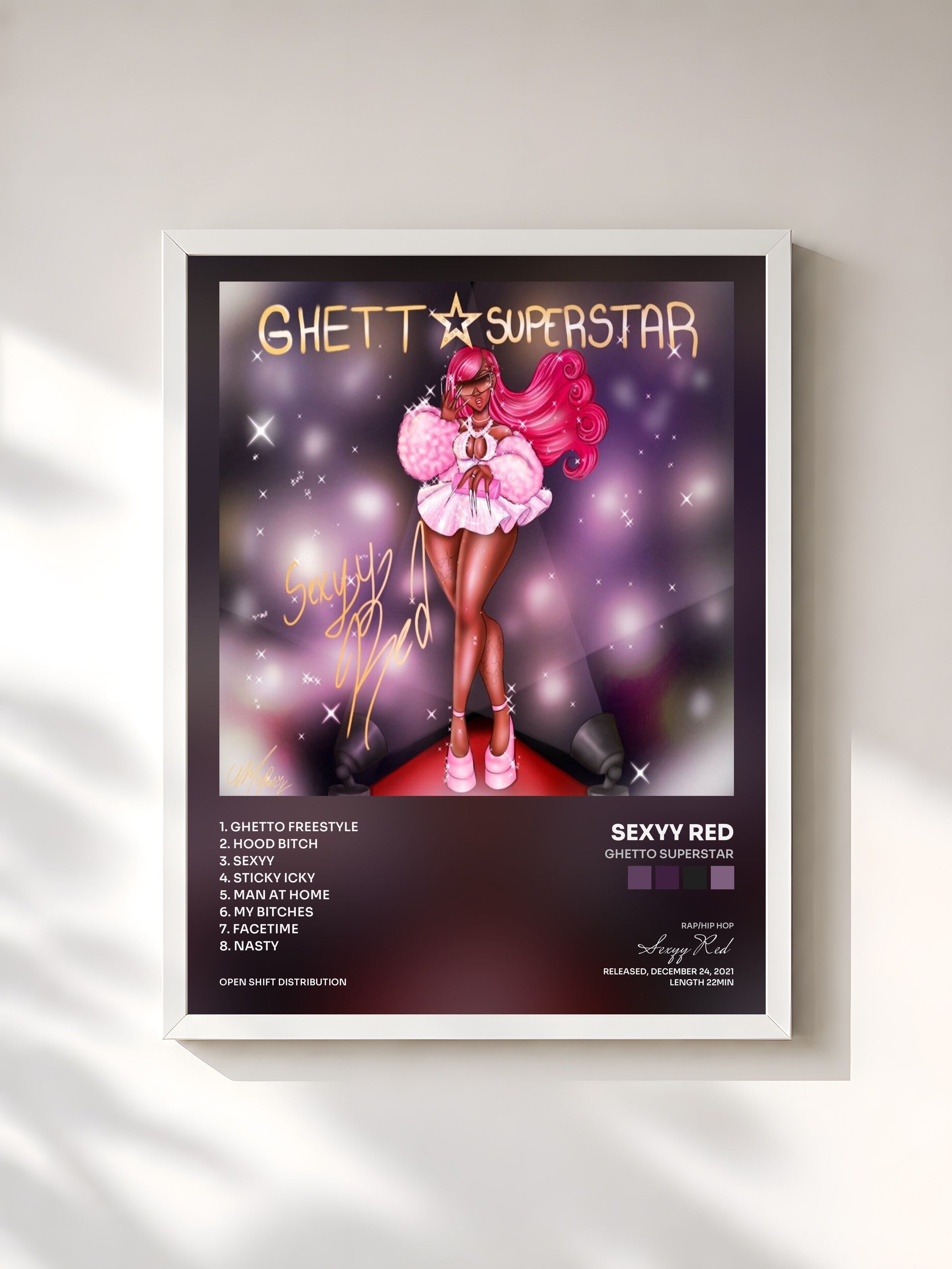 #blanc Tableau de l'album Ghetto Superstar de Sexyy Red, cadre blanc, imprimé et encadré en France