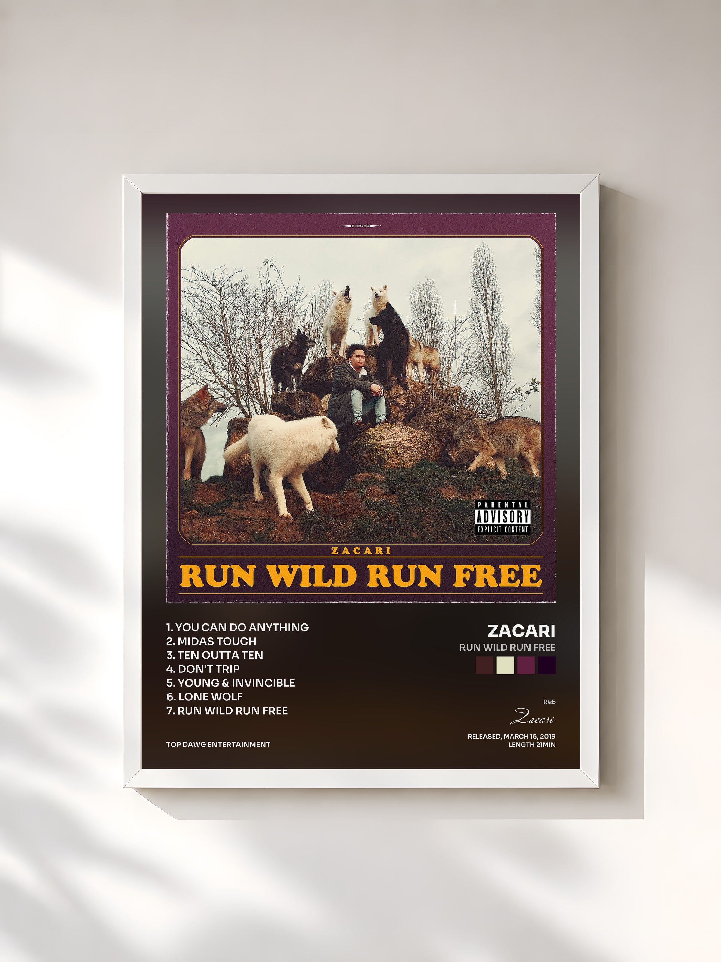 #blanc Tableau de l'album Run Wild Run Free de Zacari, cadre blanc, imprimé et encadré en France