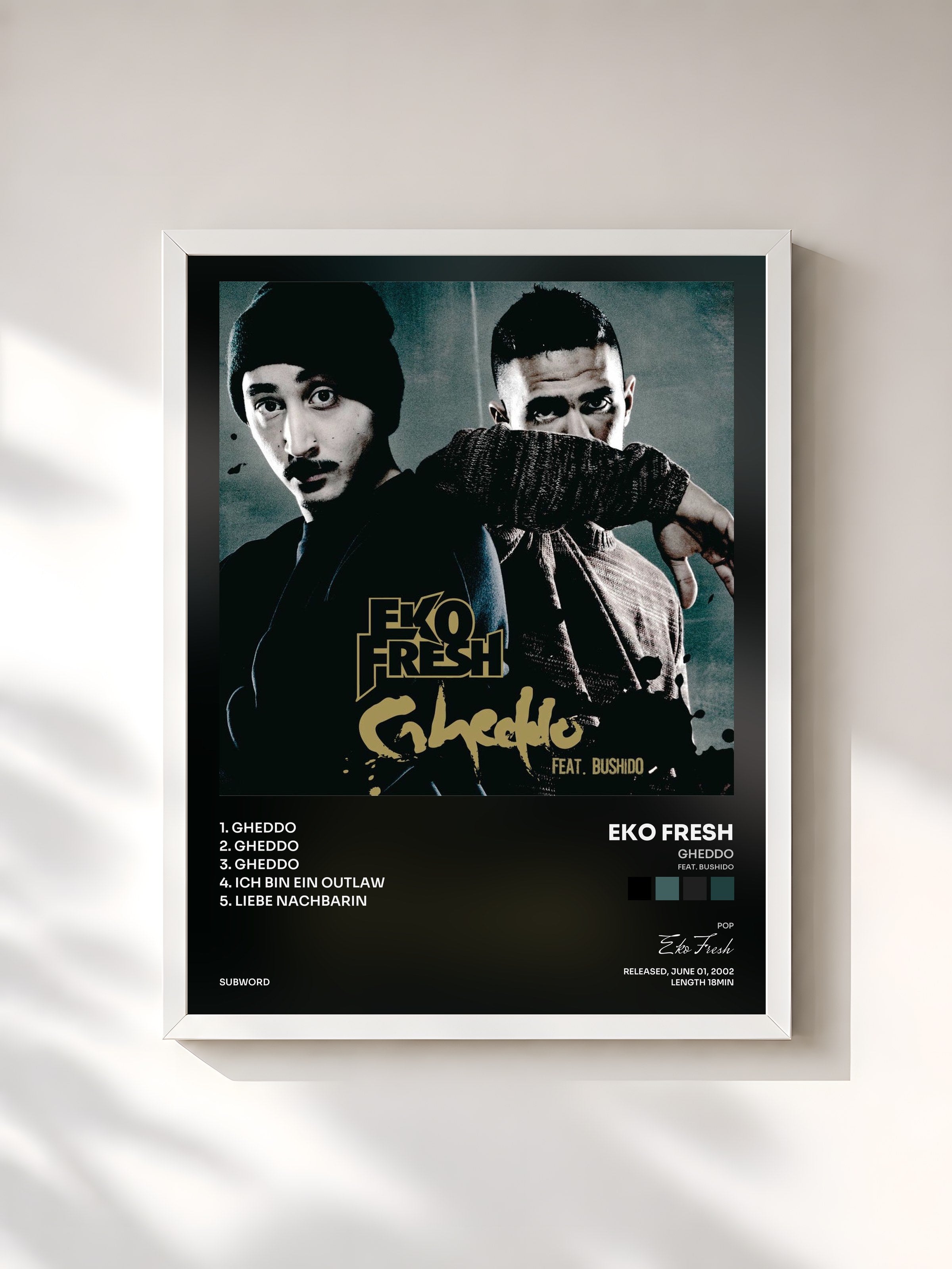 #blanc Tableau de l'album Gheddo (feat. Bushido) de Eko Fresh, cadre blanc, imprimé et encadré en France