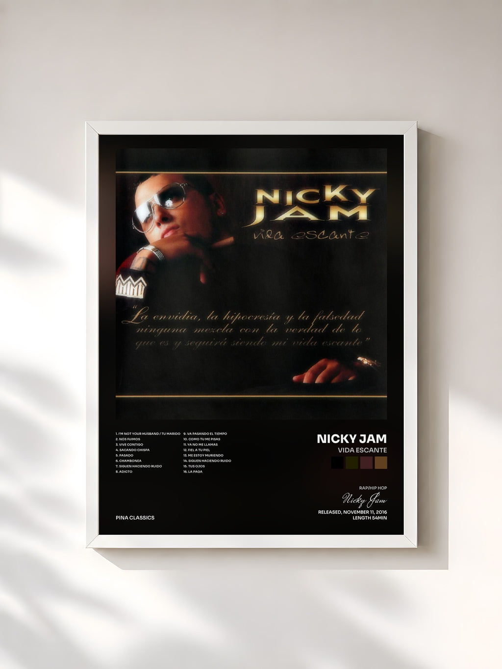 #blanc Tableau de l'album Vida Escante de Nicky Jam, cadre blanc, imprimé et encadré en France