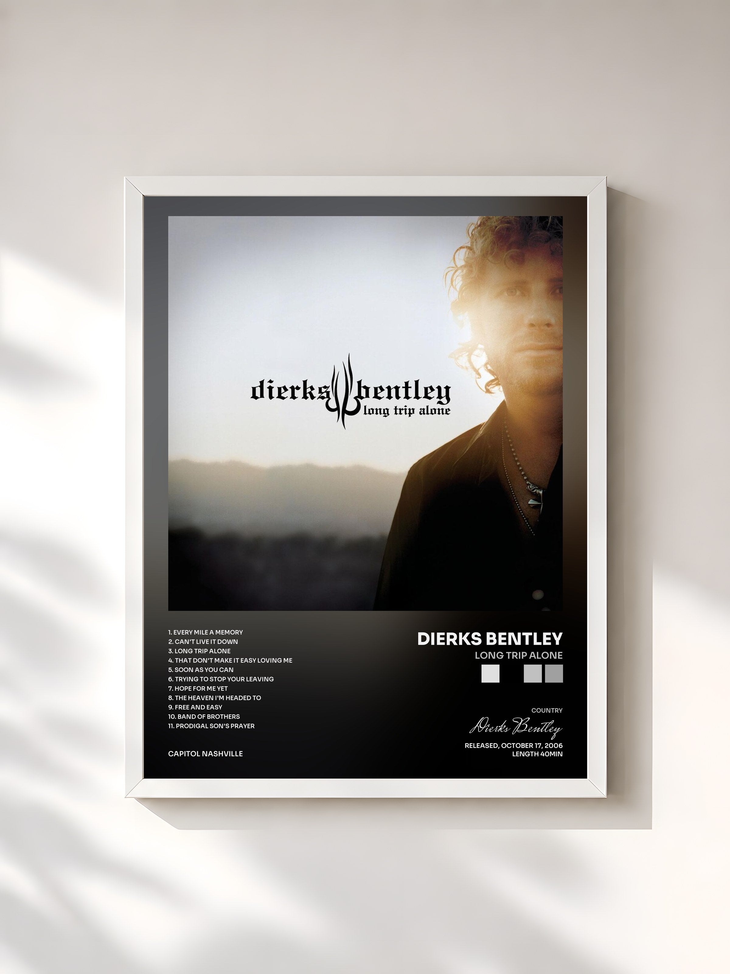 #blanc Tableau de l'album Long Trip Alone de Dierks Bentley, cadre blanc, imprimé et encadré en France